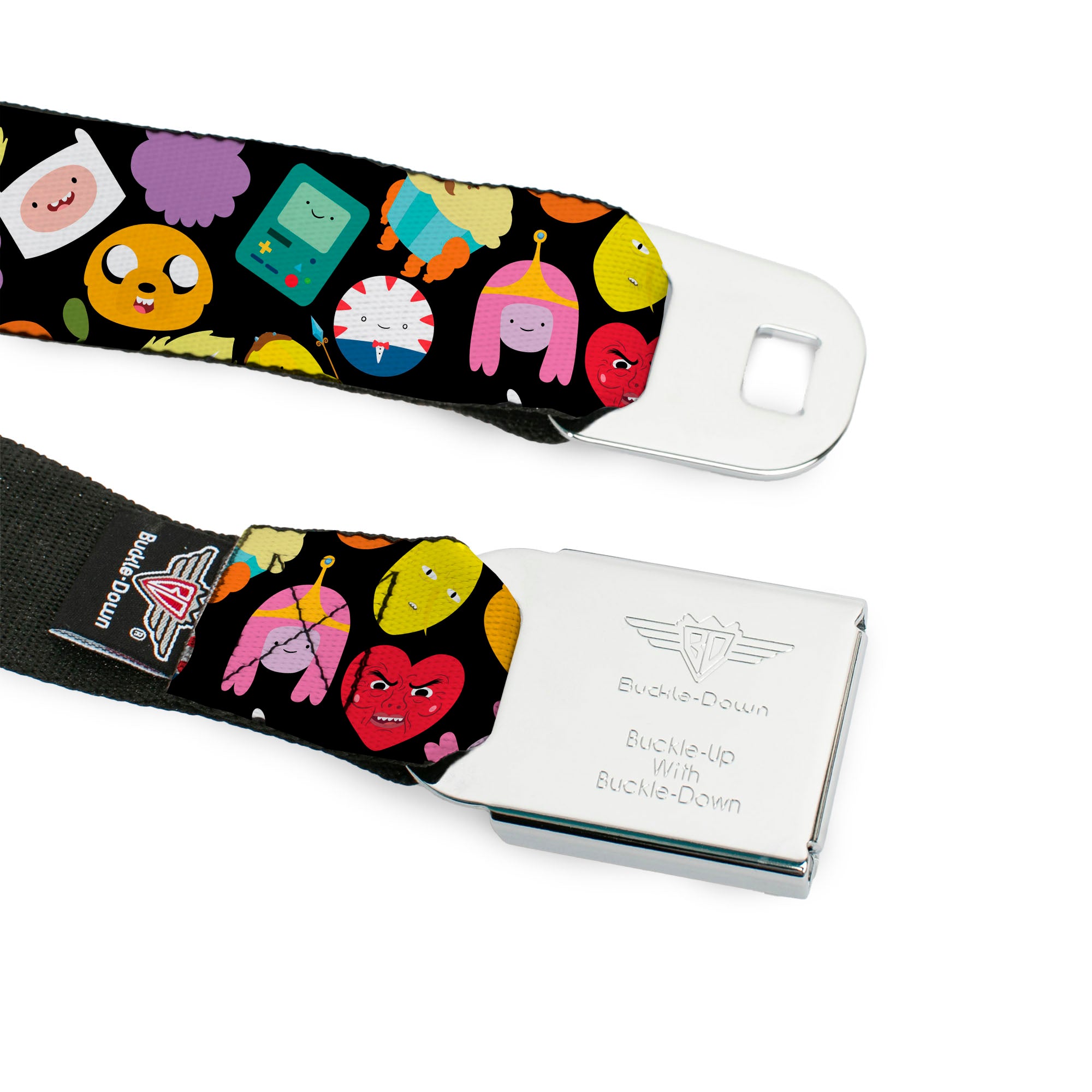 Cartoon Network ADVENTURE TIME Title Logo Full Color Black Seatbelt Belt - Adventure Time Character Face Icons Scattered Black Webbing Seatbelt Belts Adventure Time