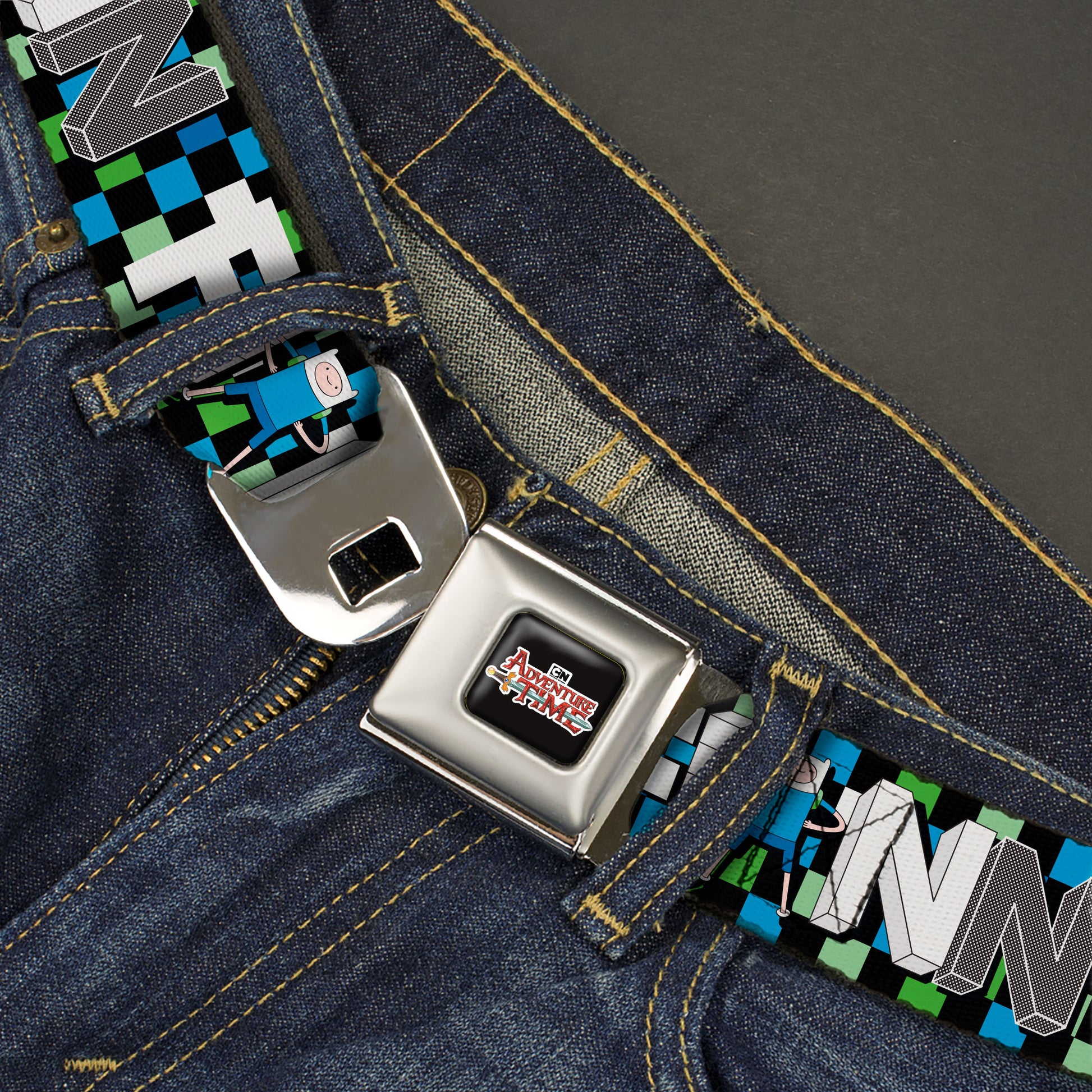 Cartoon Network ADVENTURE TIME Title Logo Full Color Black Seatbelt Belt - Adventure Time FINN Block Letters Pose Checker Green/Blue/Black Webbing Seatbelt Belts Adventure Time