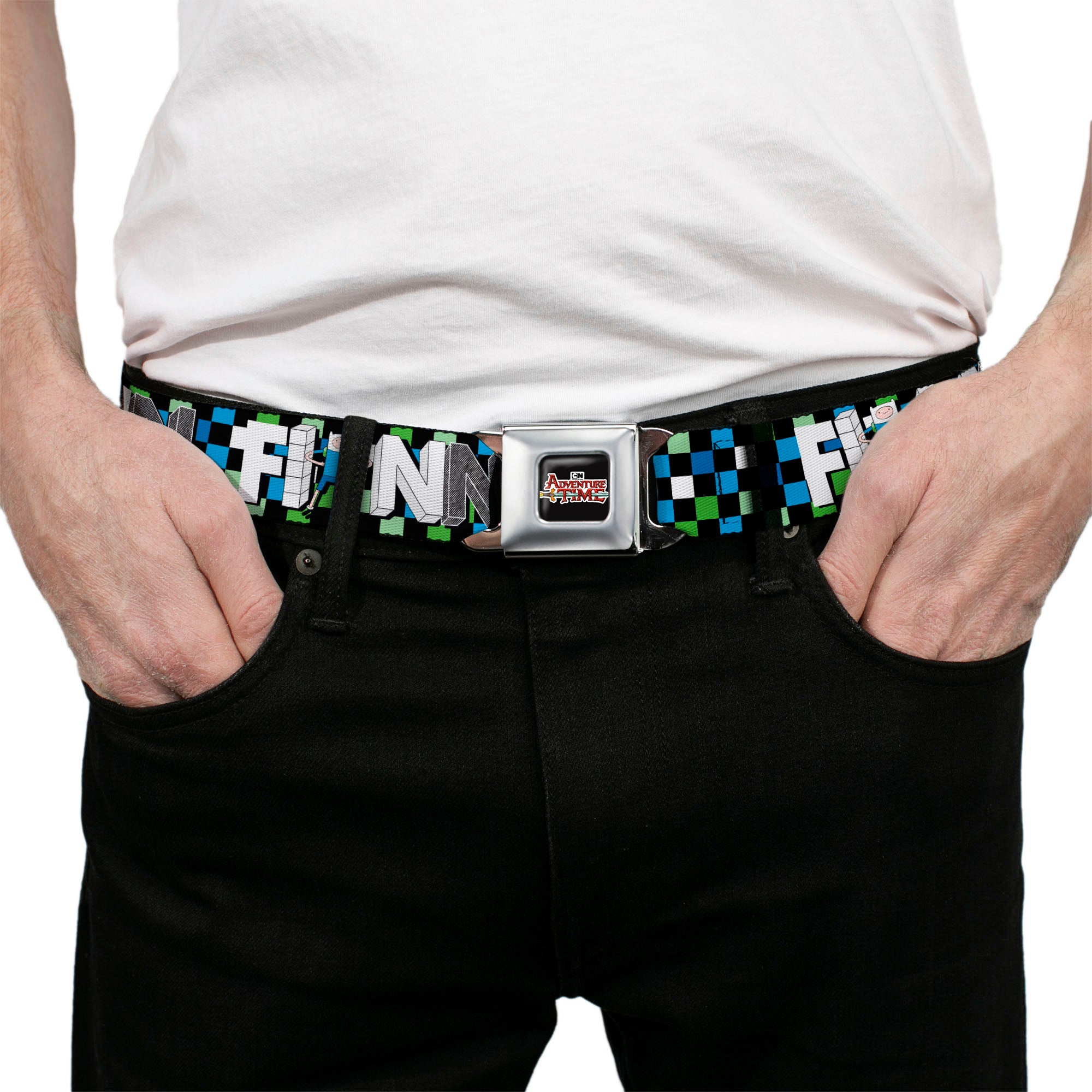 Cartoon Network ADVENTURE TIME Title Logo Full Color Black Seatbelt Belt - Adventure Time FINN Block Letters Pose Checker Green/Blue/Black Webbing Seatbelt Belts Adventure Time