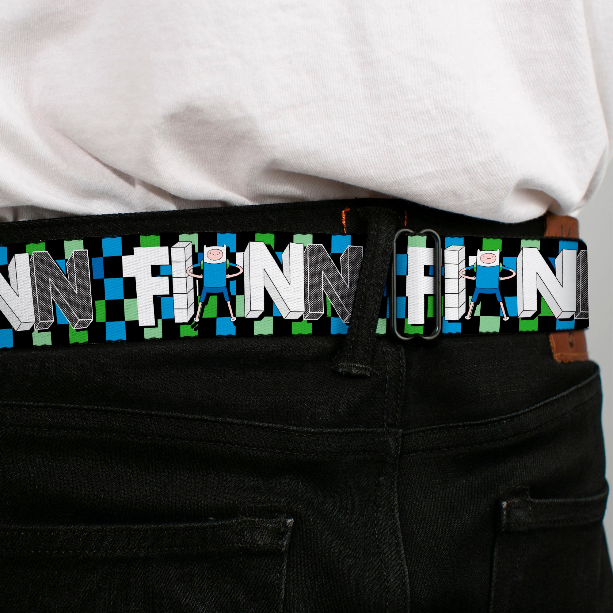 Cartoon Network ADVENTURE TIME Title Logo Full Color Black Seatbelt Belt - Adventure Time FINN Block Letters Pose Checker Green/Blue/Black Webbing Seatbelt Belts Adventure Time
