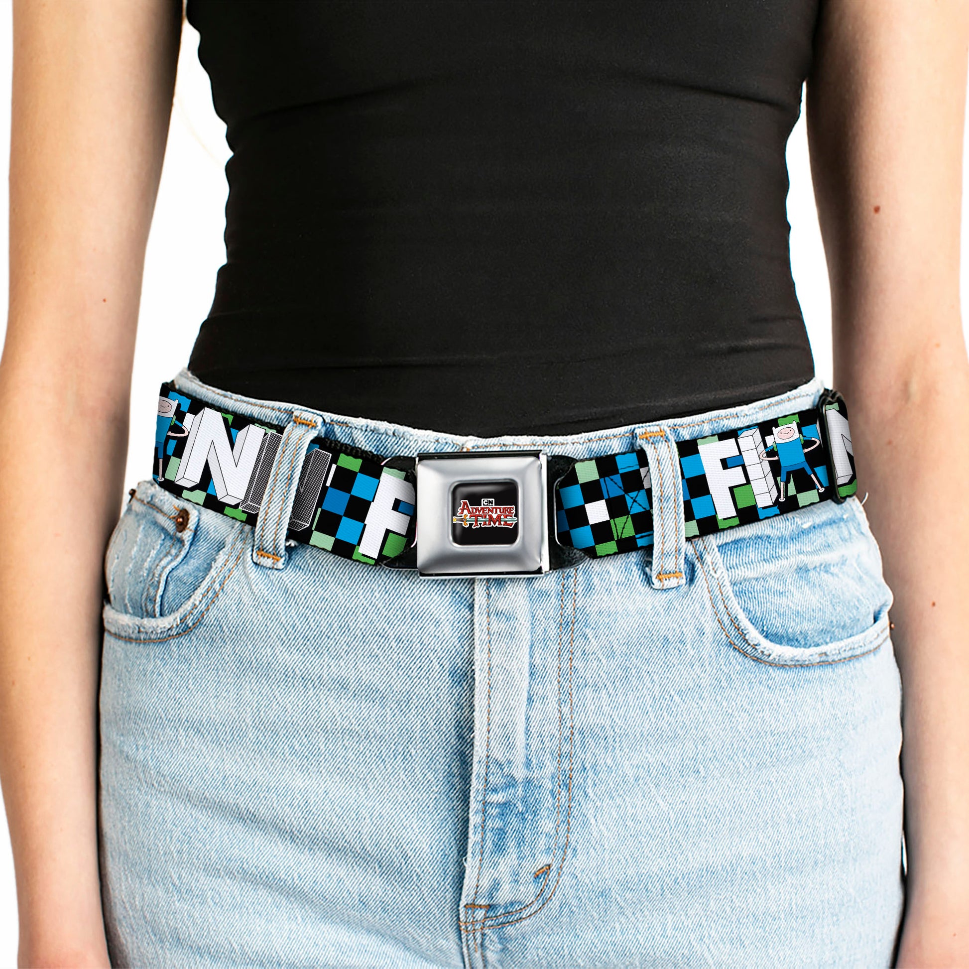 Cartoon Network ADVENTURE TIME Title Logo Full Color Black Seatbelt Belt - Adventure Time FINN Block Letters Pose Checker Green/Blue/Black Webbing Seatbelt Belts Adventure Time