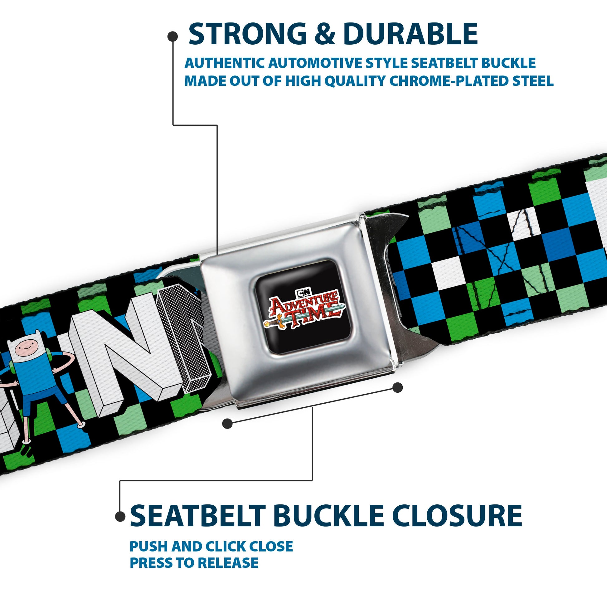 Cartoon Network ADVENTURE TIME Title Logo Full Color Black Seatbelt Belt - Adventure Time FINN Block Letters Pose Checker Green/Blue/Black Webbing Seatbelt Belts Adventure Time