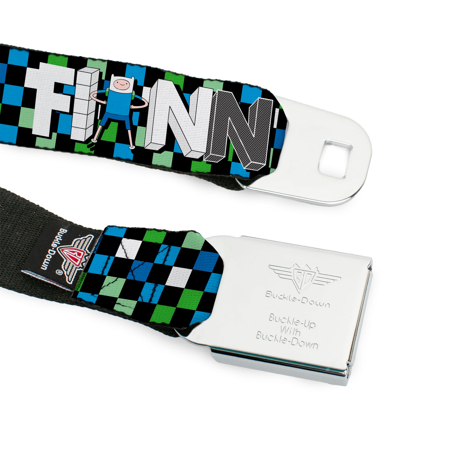 Cartoon Network ADVENTURE TIME Title Logo Full Color Black Seatbelt Belt - Adventure Time FINN Block Letters Pose Checker Green/Blue/Black Webbing Seatbelt Belts Adventure Time