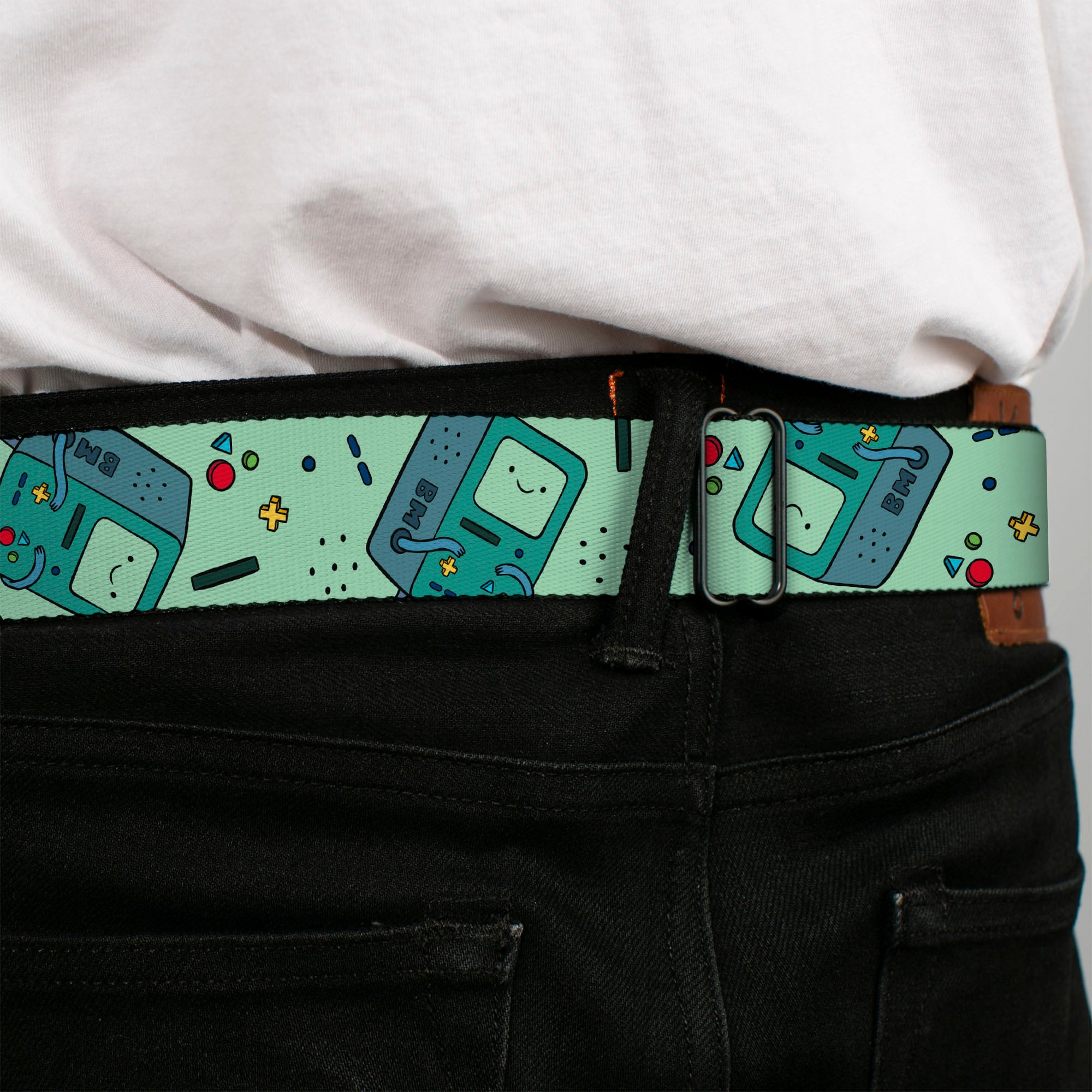 ADVENTURE TIME Title Logo Full Color White Seatbelt Belt - Adventure Time BMO Pose Flips Seafoam Green Webbing Seatbelt Belts Cartoon Network