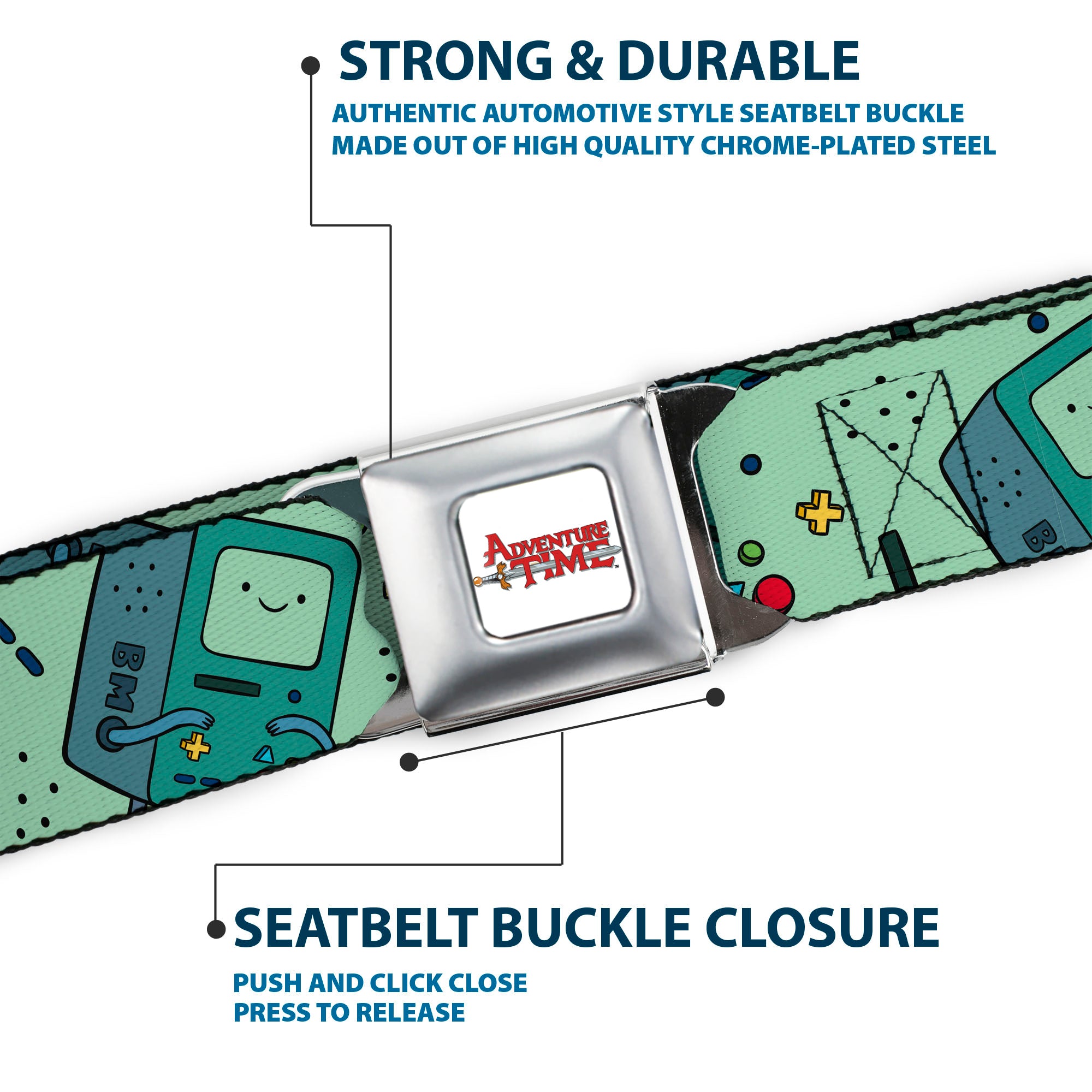ADVENTURE TIME Title Logo Full Color White Seatbelt Belt - Adventure Time BMO Pose Flips Seafoam Green Webbing Seatbelt Belts Cartoon Network