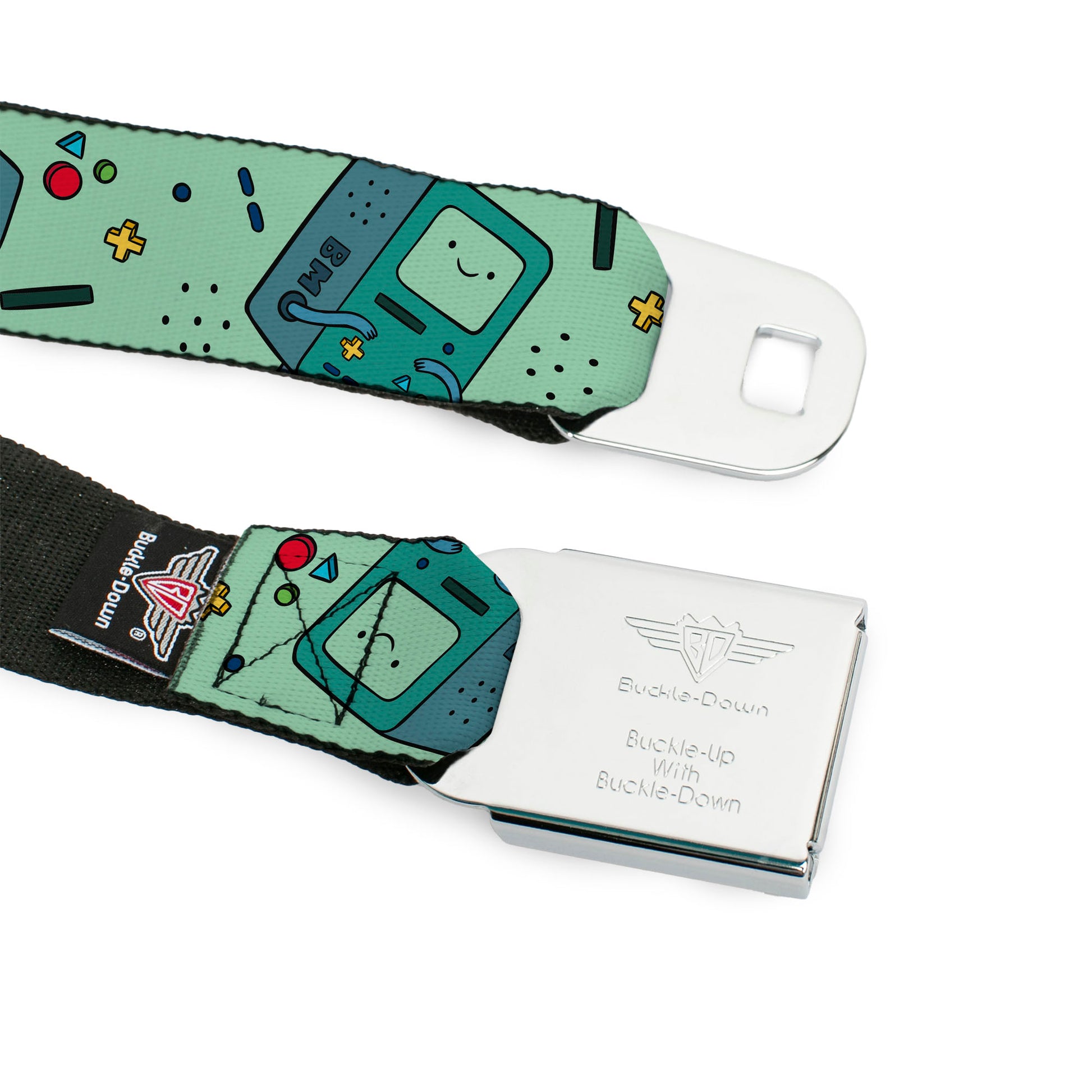 ADVENTURE TIME Title Logo Full Color White Seatbelt Belt - Adventure Time BMO Pose Flips Seafoam Green Webbing Seatbelt Belts Cartoon Network