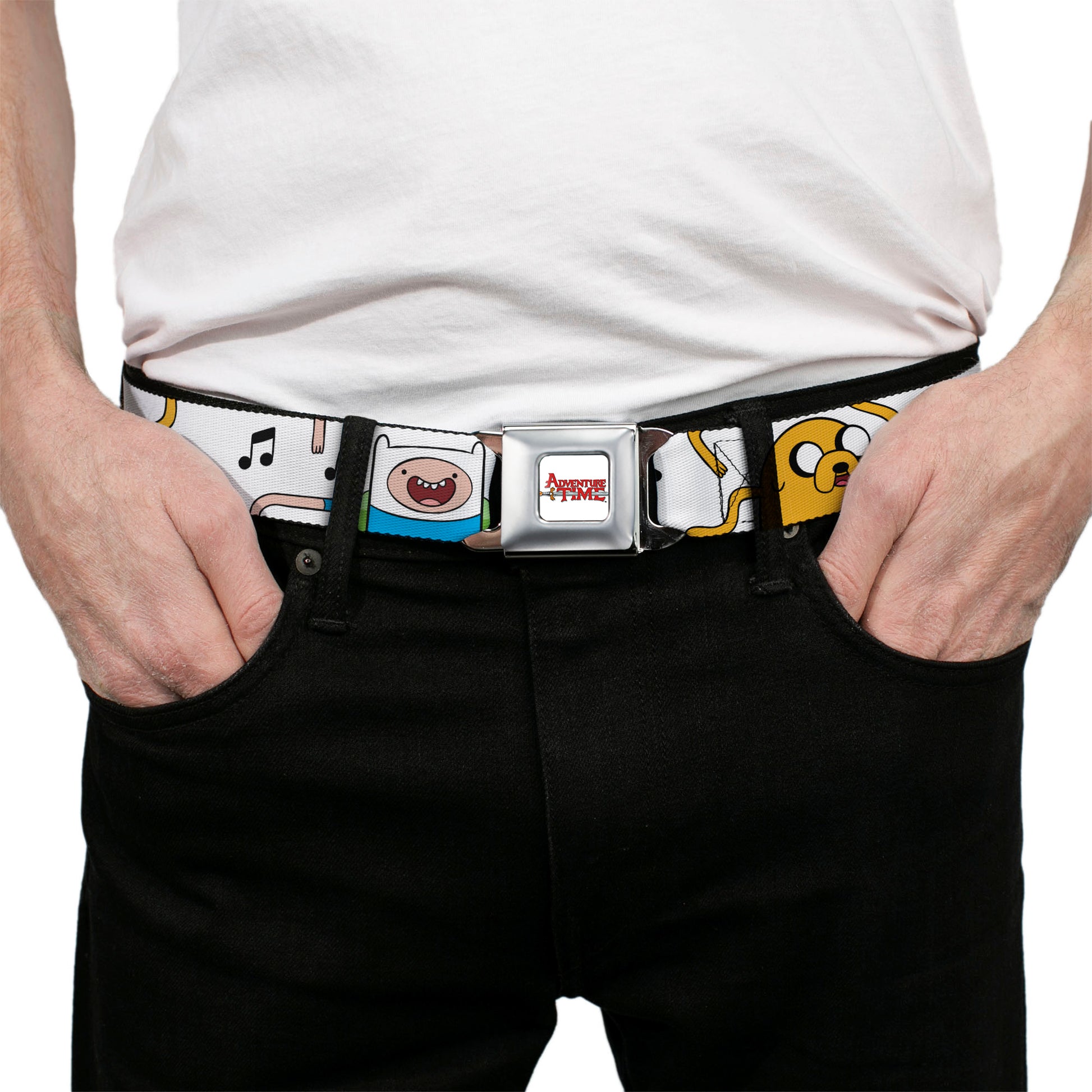 ADVENTURE TIME Title Logo Full Color White Seatbelt Belt - Adventure Time Finn and Jake Dancing Poses and Music Notes White Webbing Seatbelt Belts Adventure Time