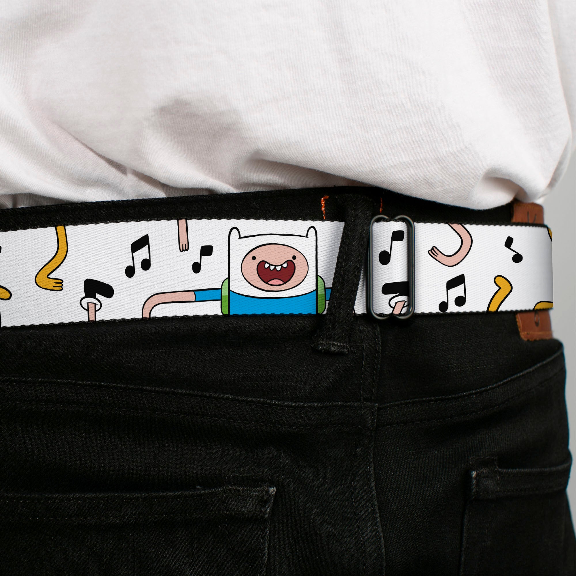ADVENTURE TIME Title Logo Full Color White Seatbelt Belt - Adventure Time Finn and Jake Dancing Poses and Music Notes White Webbing Seatbelt Belts Adventure Time