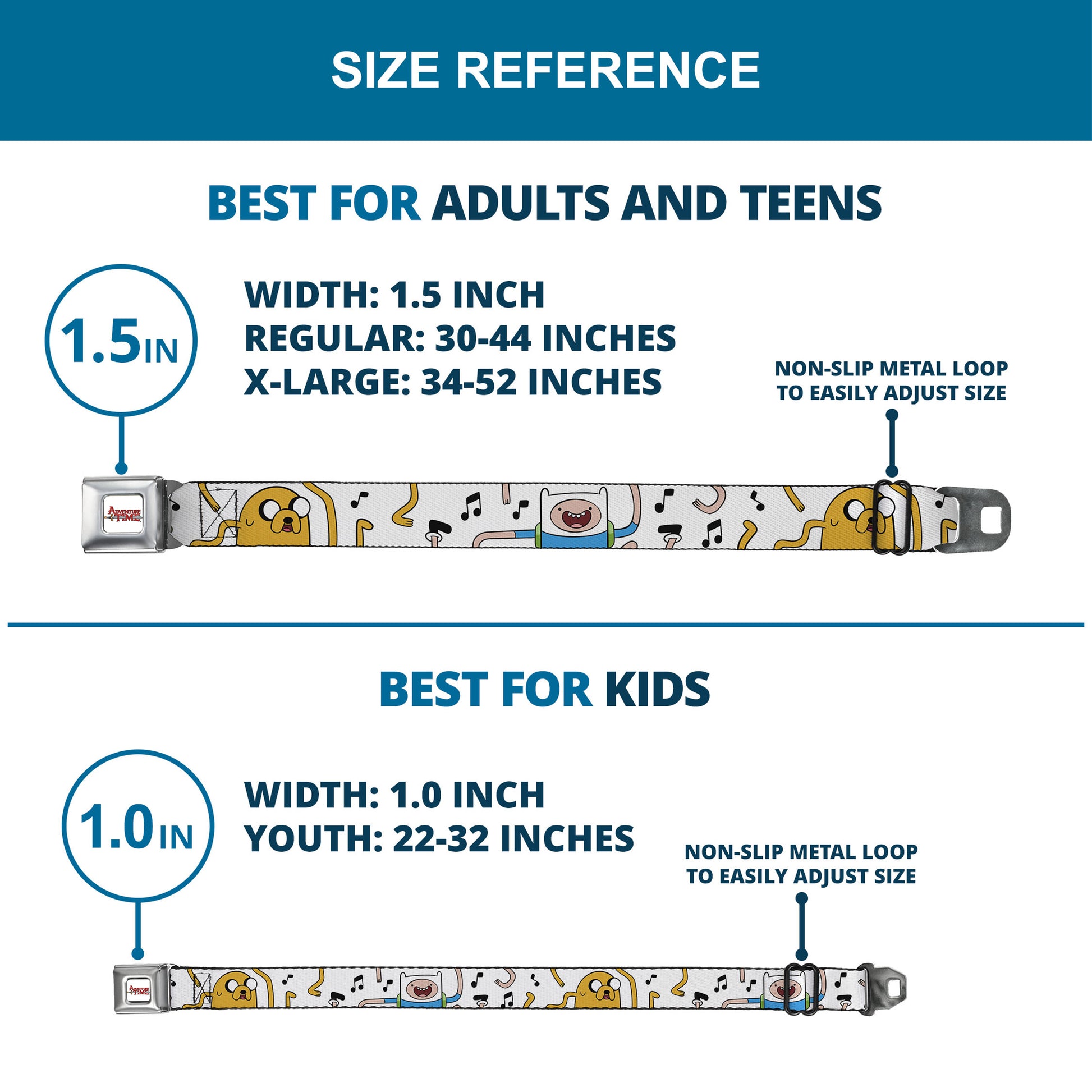 ADVENTURE TIME Title Logo Full Color White Seatbelt Belt - Adventure Time Finn and Jake Dancing Poses and Music Notes White Webbing Seatbelt Belts Adventure Time