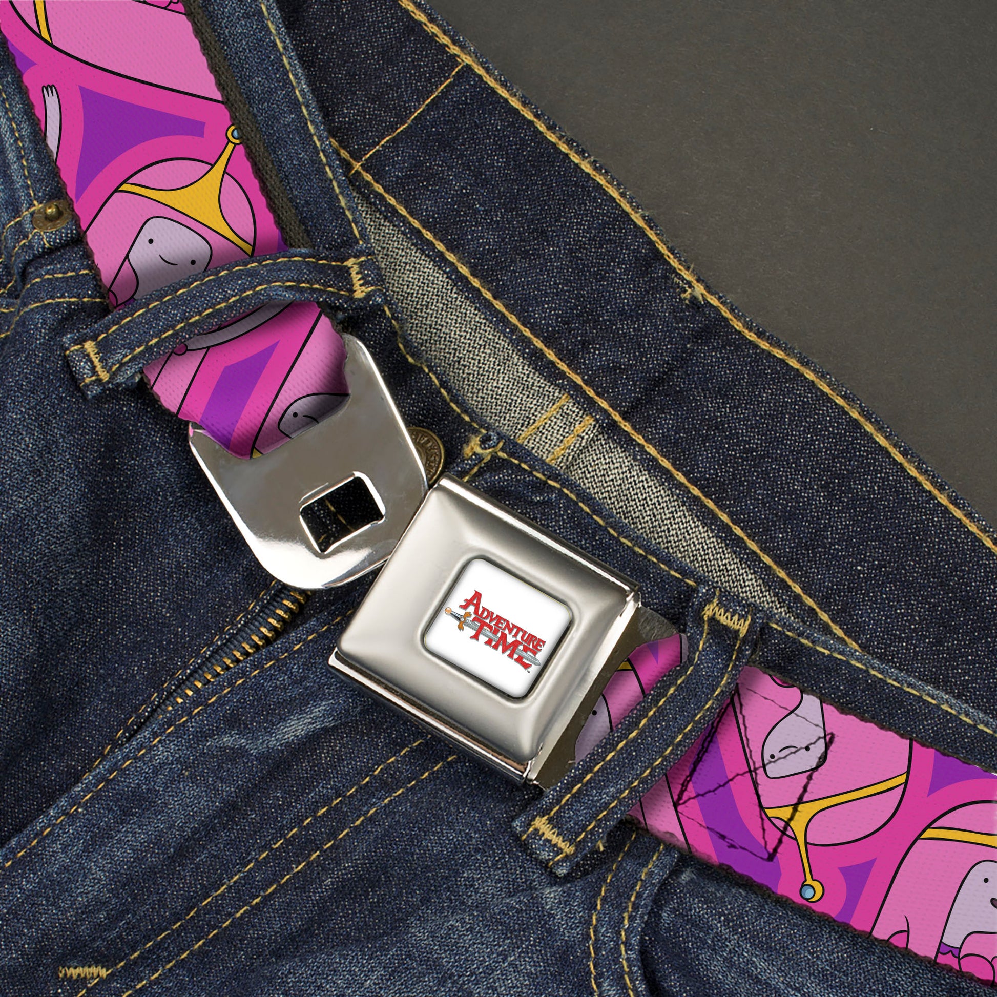 ADVENTURE TIME Title Logo Full Color White Seatbelt Belt - Adventure Time Princess Bubblegum Poses Collage Lavender Webbing Seatbelt Belts Adventure Time