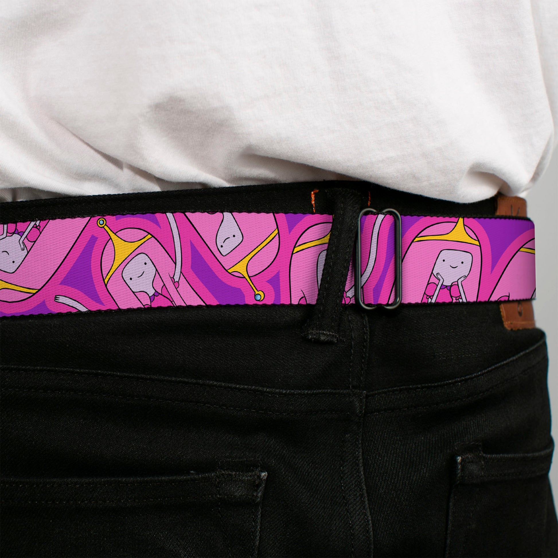 ADVENTURE TIME Title Logo Full Color White Seatbelt Belt - Adventure Time Princess Bubblegum Poses Collage Lavender Webbing Seatbelt Belts Adventure Time