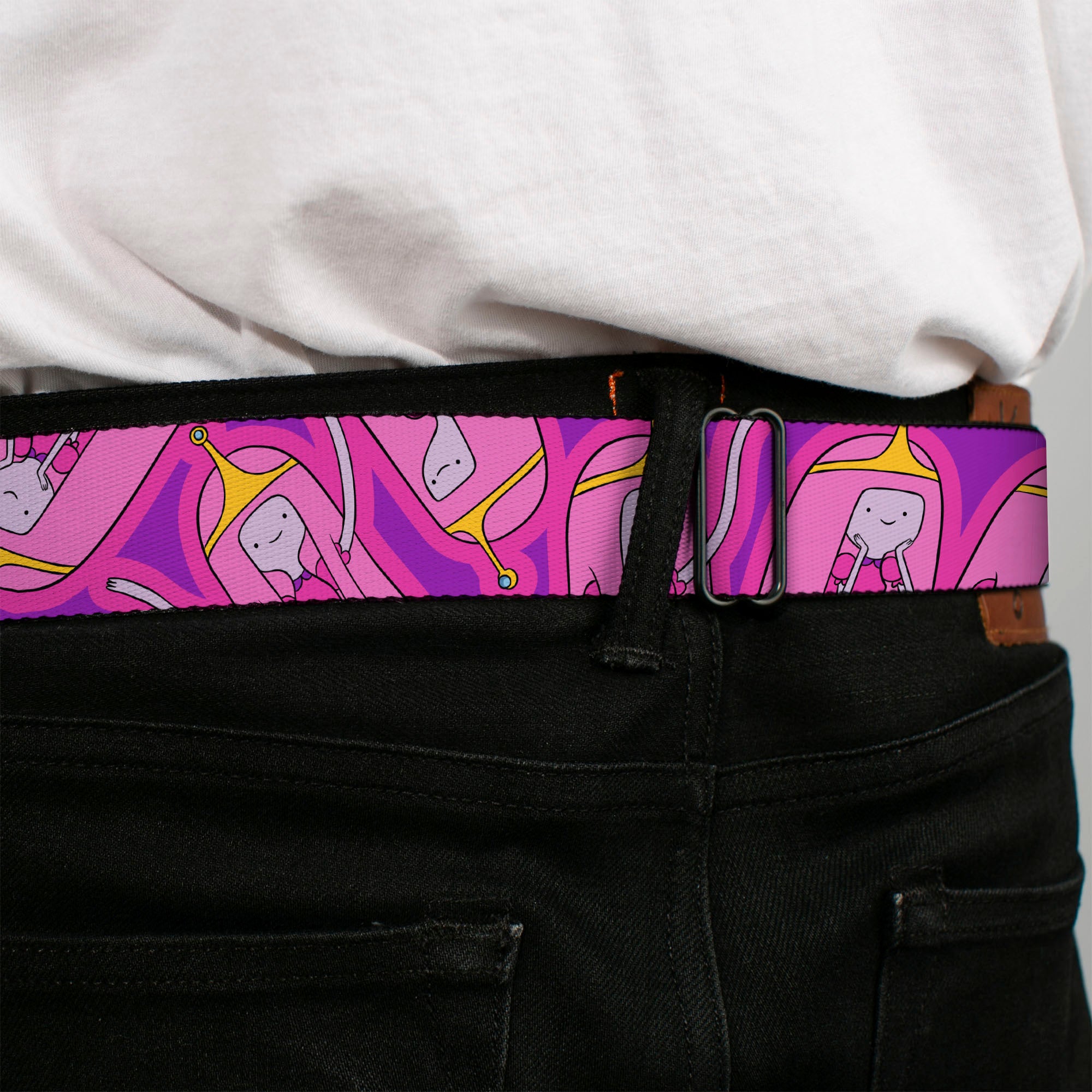 ADVENTURE TIME Title Logo Full Color White Seatbelt Belt - Adventure Time Princess Bubblegum Poses Collage Lavender Webbing Seatbelt Belts Adventure Time