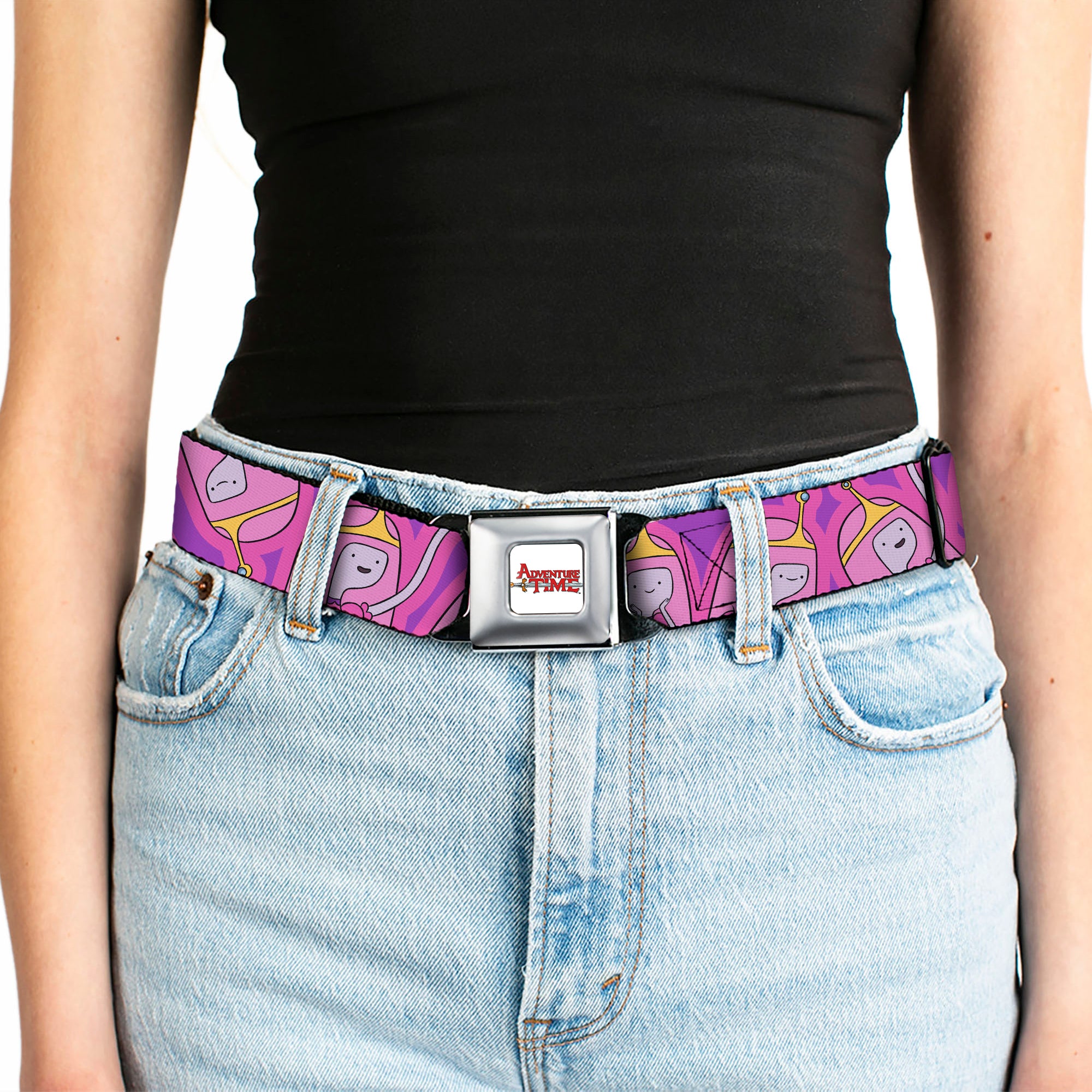 ADVENTURE TIME Title Logo Full Color White Seatbelt Belt - Adventure Time Princess Bubblegum Poses Collage Lavender Webbing Seatbelt Belts Adventure Time