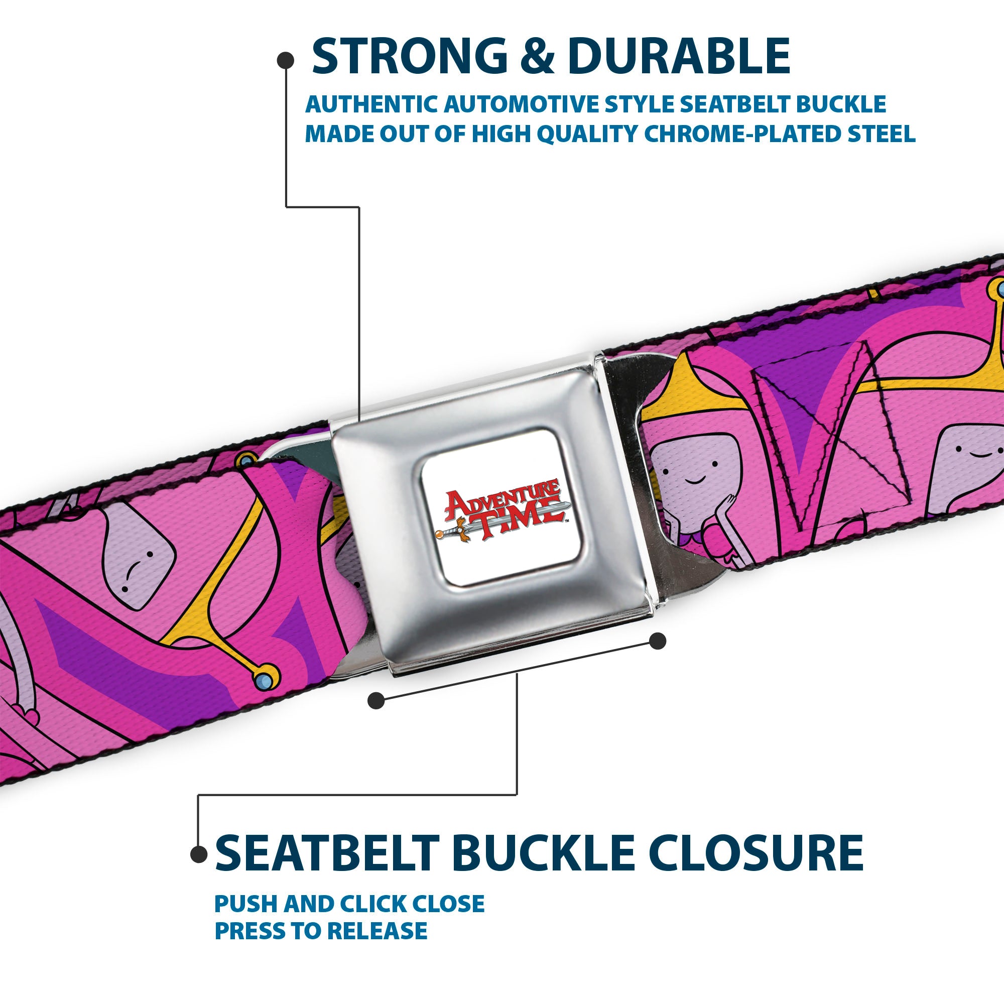 ADVENTURE TIME Title Logo Full Color White Seatbelt Belt - Adventure Time Princess Bubblegum Poses Collage Lavender Webbing Seatbelt Belts Adventure Time