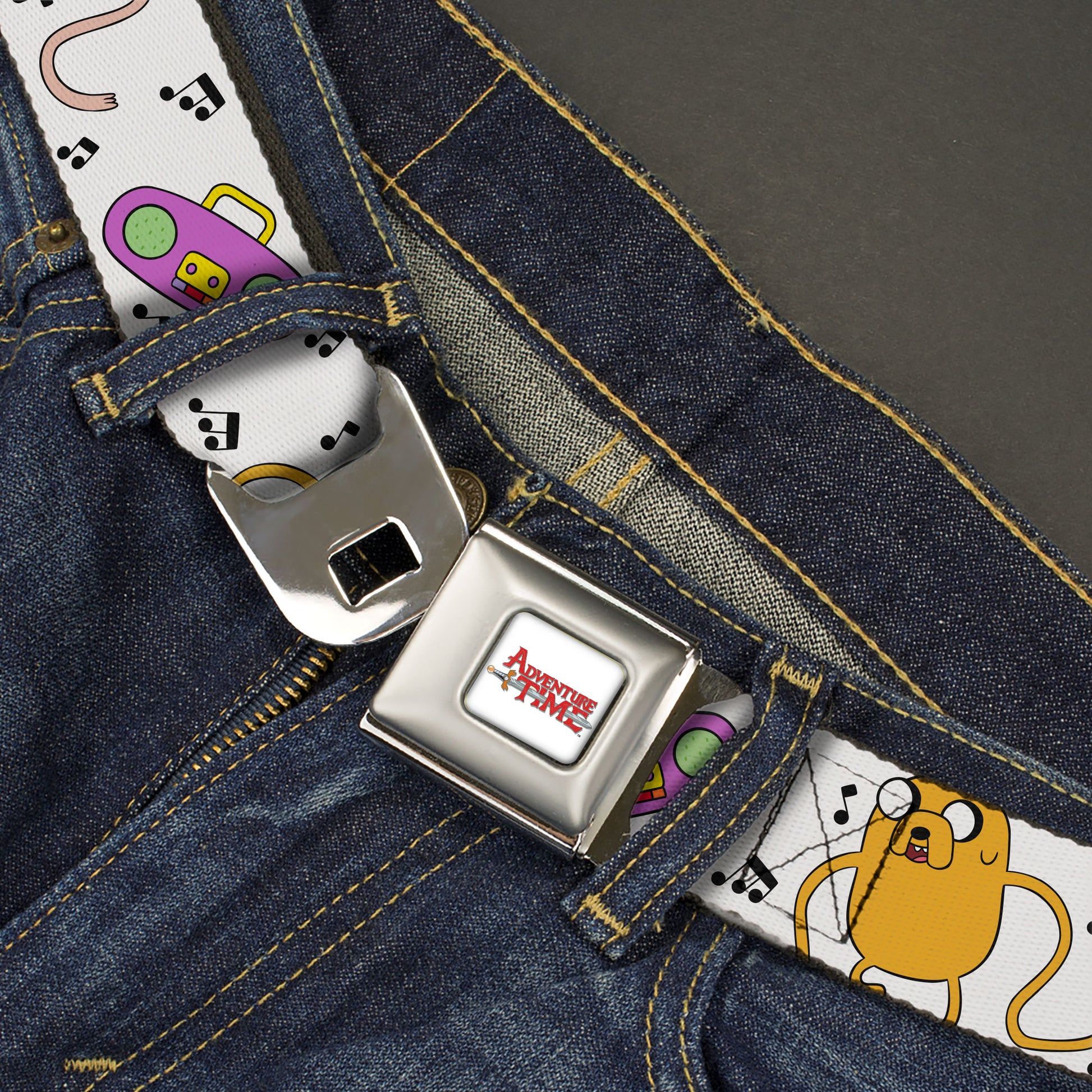 ADVENTURE TIME Title Logo Full Color White Seatbelt Belt - Adventure Time Finn and Jake Long Arms Dancing Pose White Webbing Seatbelt Belts Cartoon Network