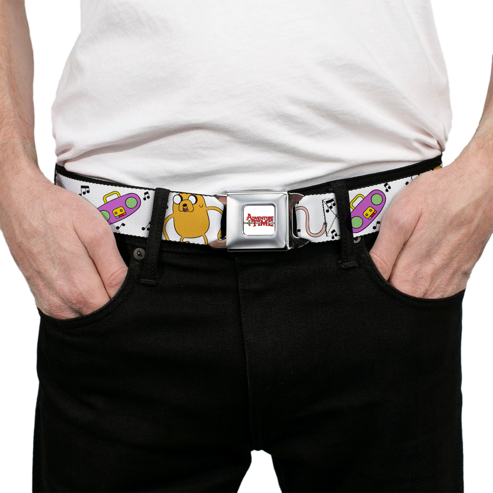 ADVENTURE TIME Title Logo Full Color White Seatbelt Belt - Adventure Time Finn and Jake Long Arms Dancing Pose White Webbing Seatbelt Belts Cartoon Network