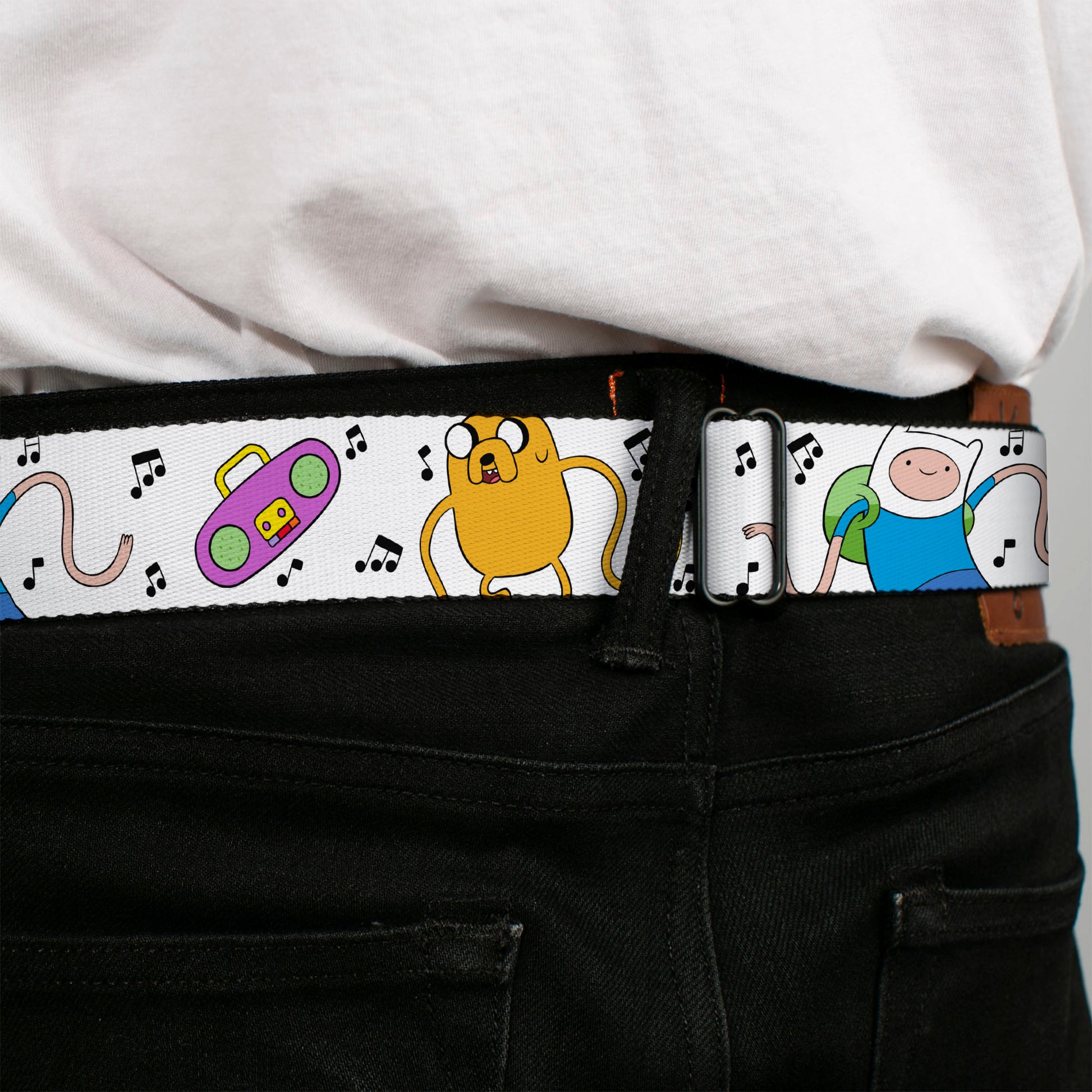ADVENTURE TIME Title Logo Full Color White Seatbelt Belt - Adventure Time Finn and Jake Long Arms Dancing Pose White Webbing Seatbelt Belts Cartoon Network