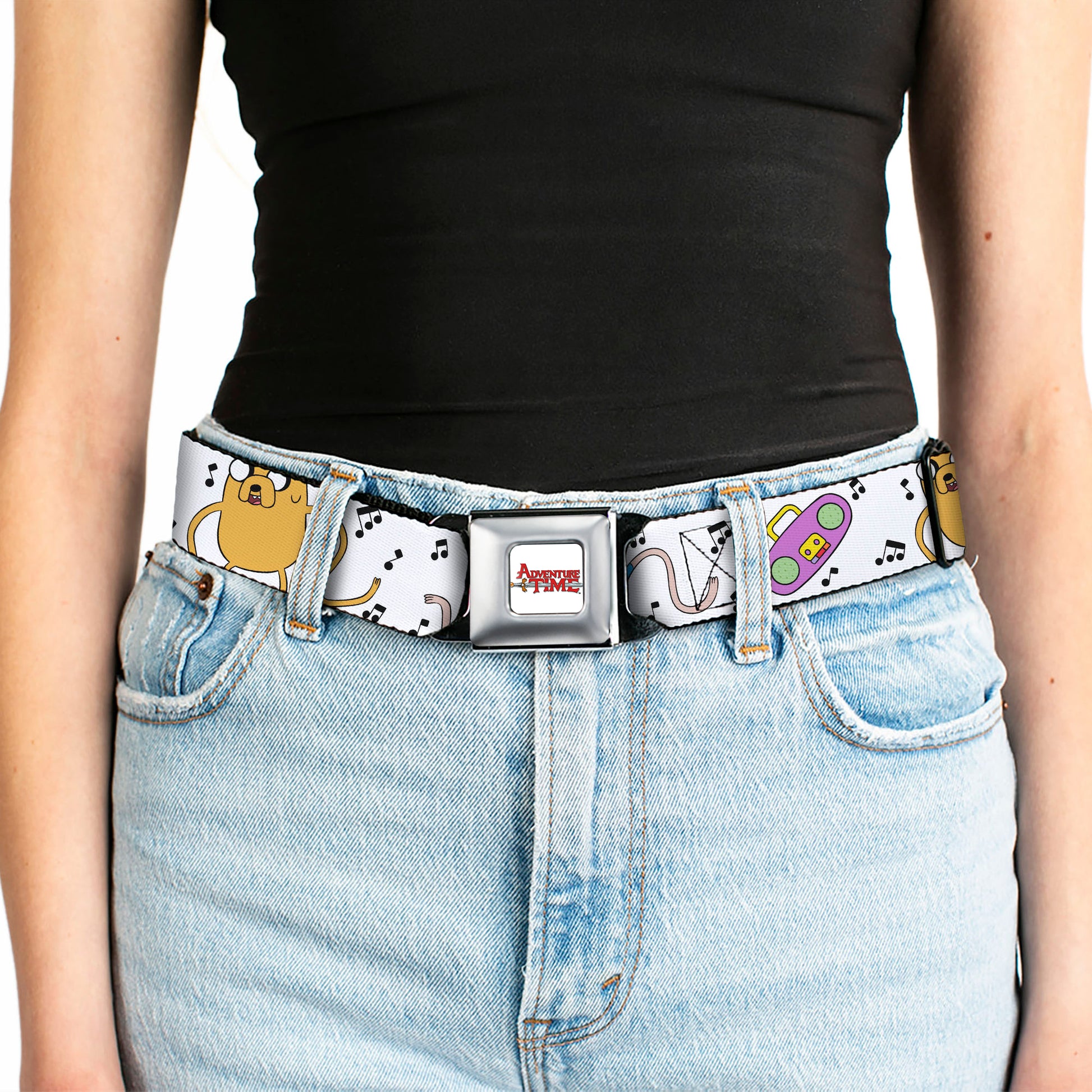 ADVENTURE TIME Title Logo Full Color White Seatbelt Belt - Adventure Time Finn and Jake Long Arms Dancing Pose White Webbing Seatbelt Belts Cartoon Network