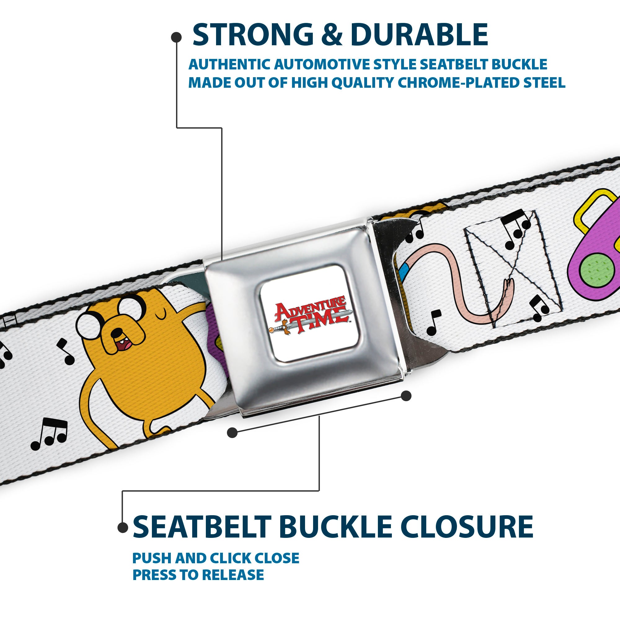 ADVENTURE TIME Title Logo Full Color White Seatbelt Belt - Adventure Time Finn and Jake Long Arms Dancing Pose White Webbing Seatbelt Belts Cartoon Network
