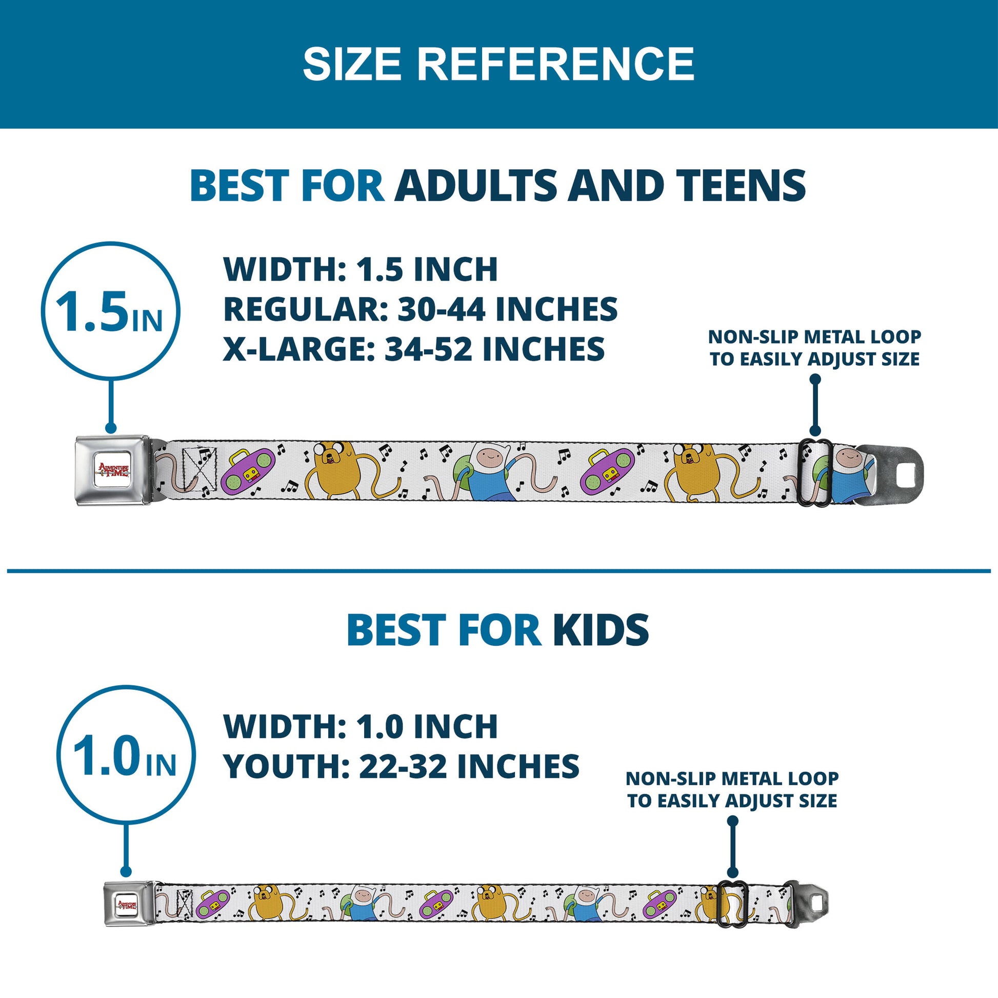 ADVENTURE TIME Title Logo Full Color White Seatbelt Belt - Adventure Time Finn and Jake Long Arms Dancing Pose White Webbing Seatbelt Belts Cartoon Network