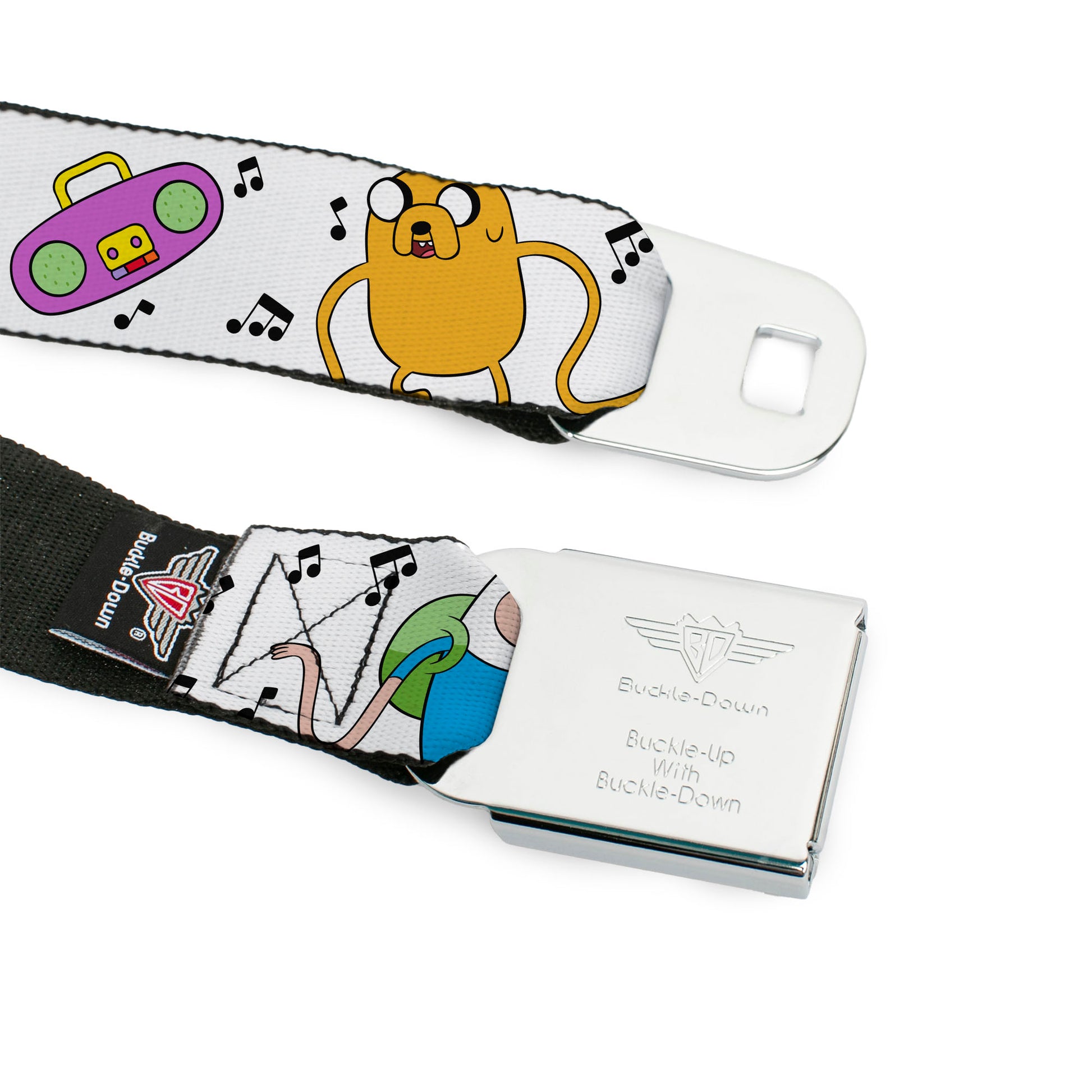 ADVENTURE TIME Title Logo Full Color White Seatbelt Belt - Adventure Time Finn and Jake Long Arms Dancing Pose White Webbing Seatbelt Belts Cartoon Network