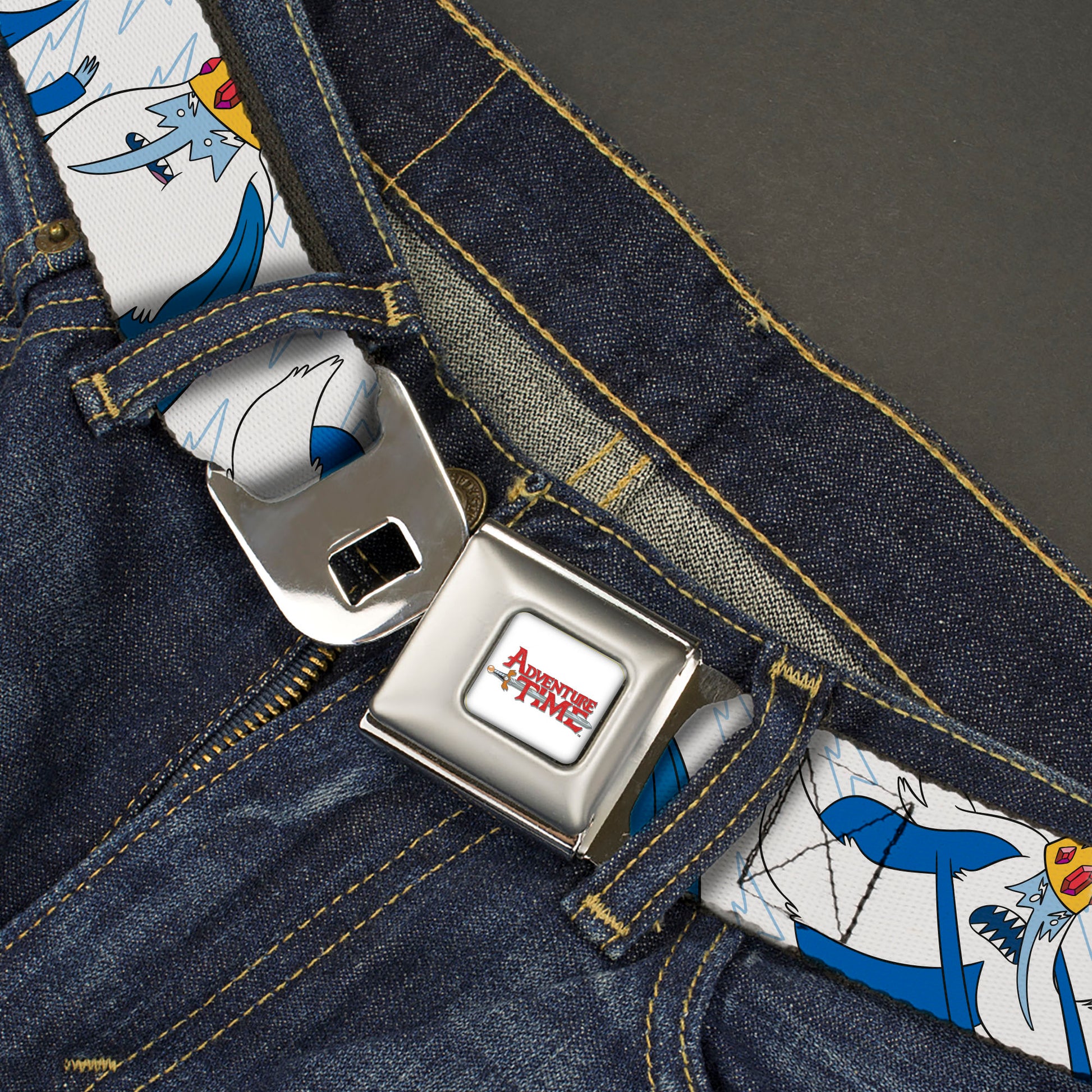 ADVENTURE TIME Title Logo Full Color White Seatbelt Belt - Adventure Time Ice King Poses and Bolts White/Blue Webbing Seatbelt Belts Adventure Time