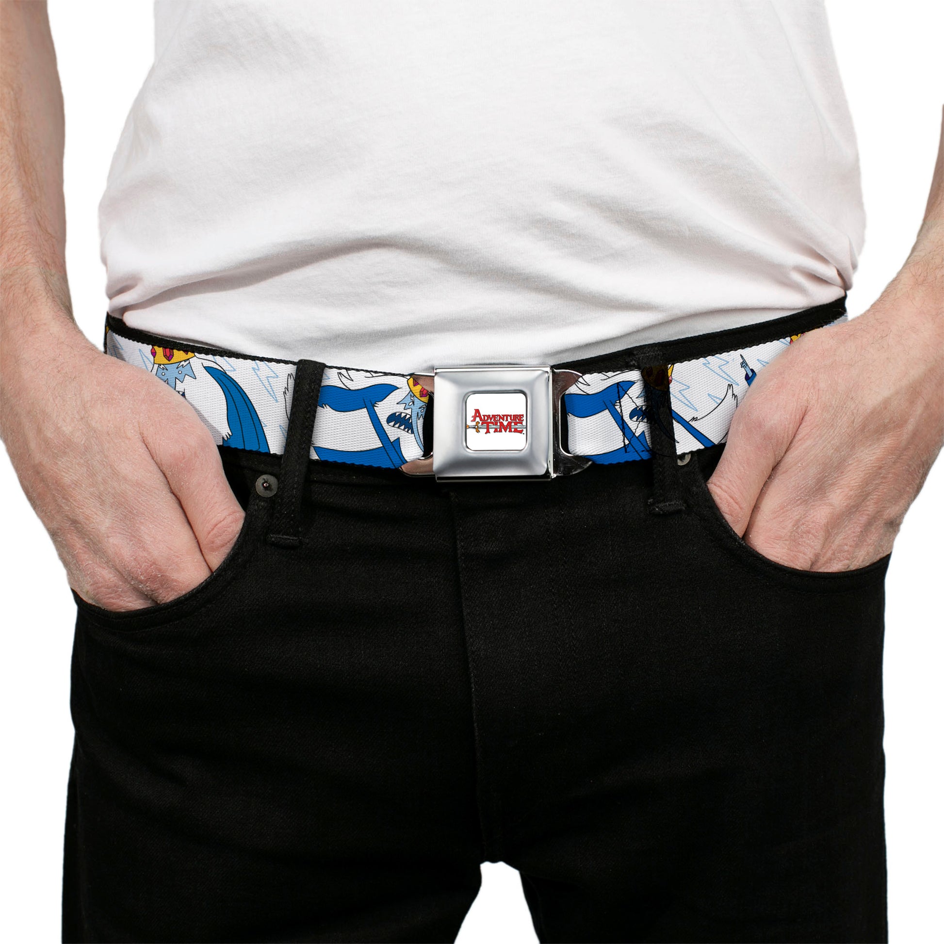 ADVENTURE TIME Title Logo Full Color White Seatbelt Belt - Adventure Time Ice King Poses and Bolts White/Blue Webbing Seatbelt Belts Adventure Time