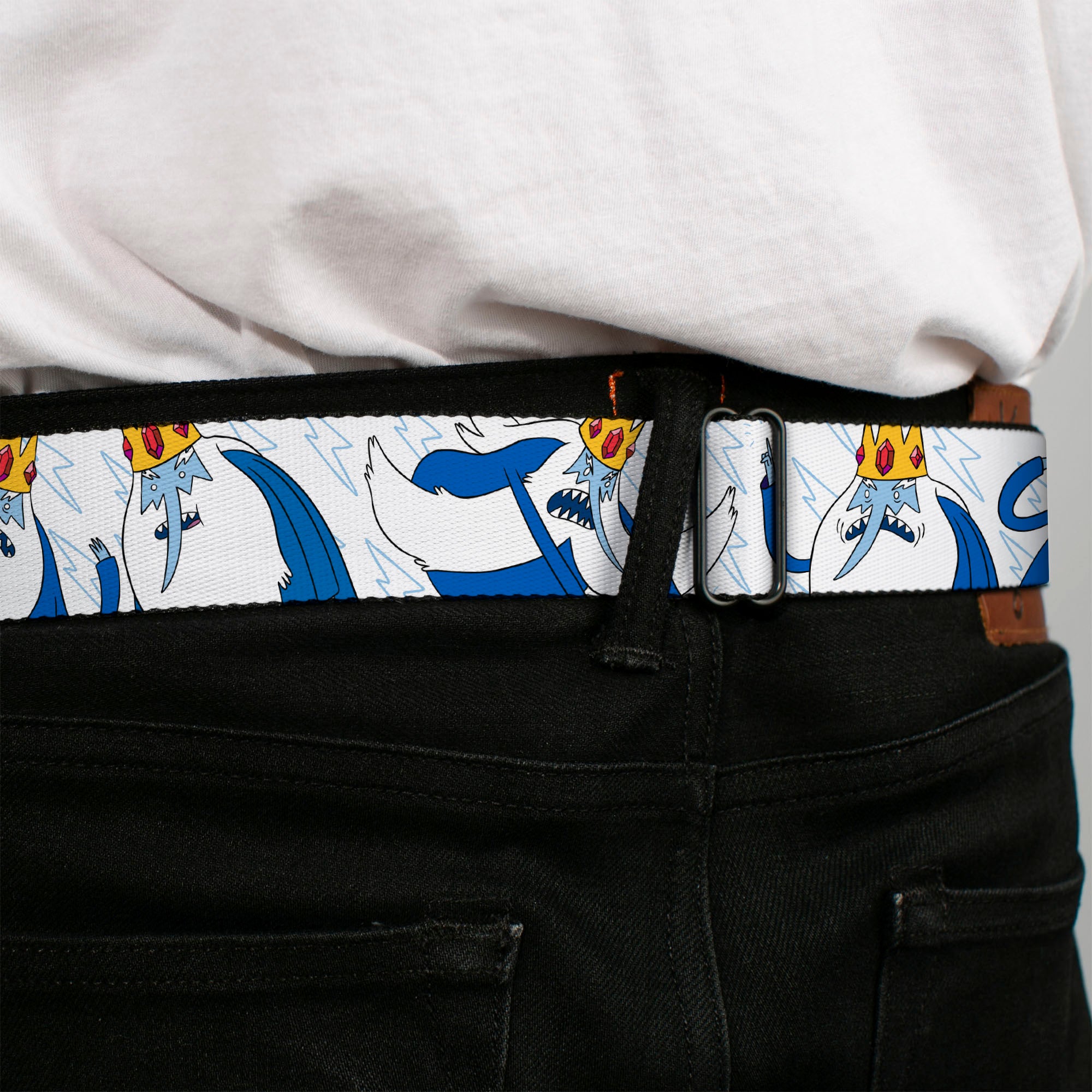 ADVENTURE TIME Title Logo Full Color White Seatbelt Belt - Adventure Time Ice King Poses and Bolts White/Blue Webbing Seatbelt Belts Adventure Time