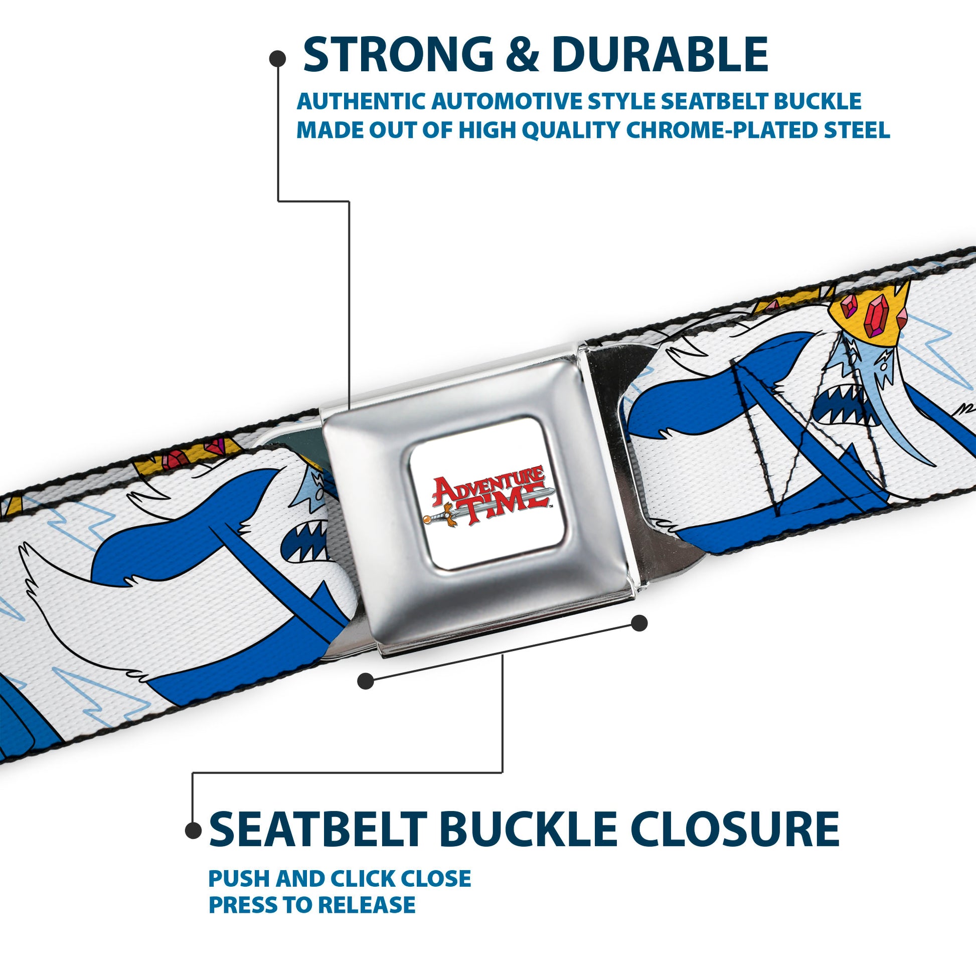 ADVENTURE TIME Title Logo Full Color White Seatbelt Belt - Adventure Time Ice King Poses and Bolts White/Blue Webbing Seatbelt Belts Adventure Time