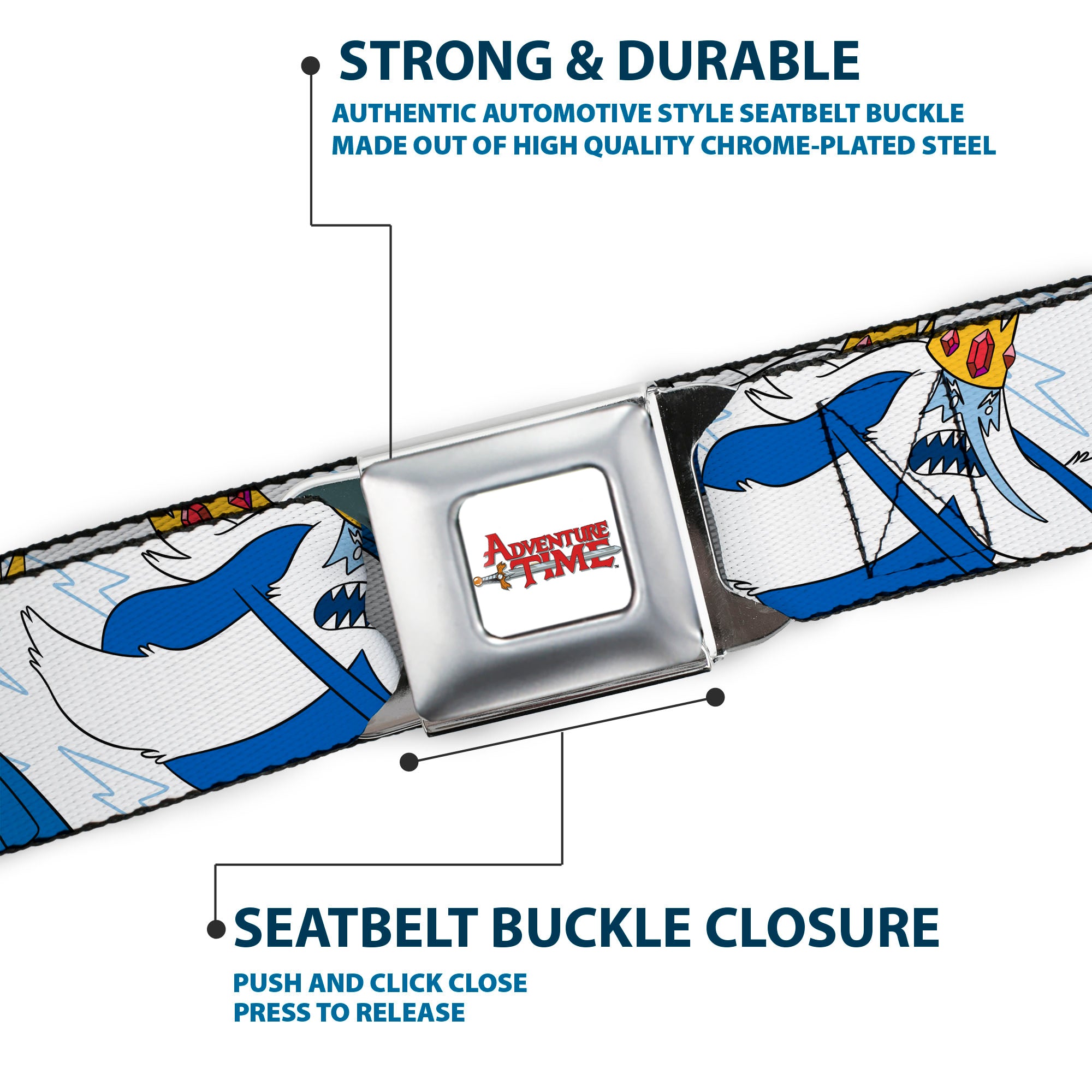 ADVENTURE TIME Title Logo Full Color White Seatbelt Belt - Adventure Time Ice King Poses and Bolts White/Blue Webbing Seatbelt Belts Adventure Time