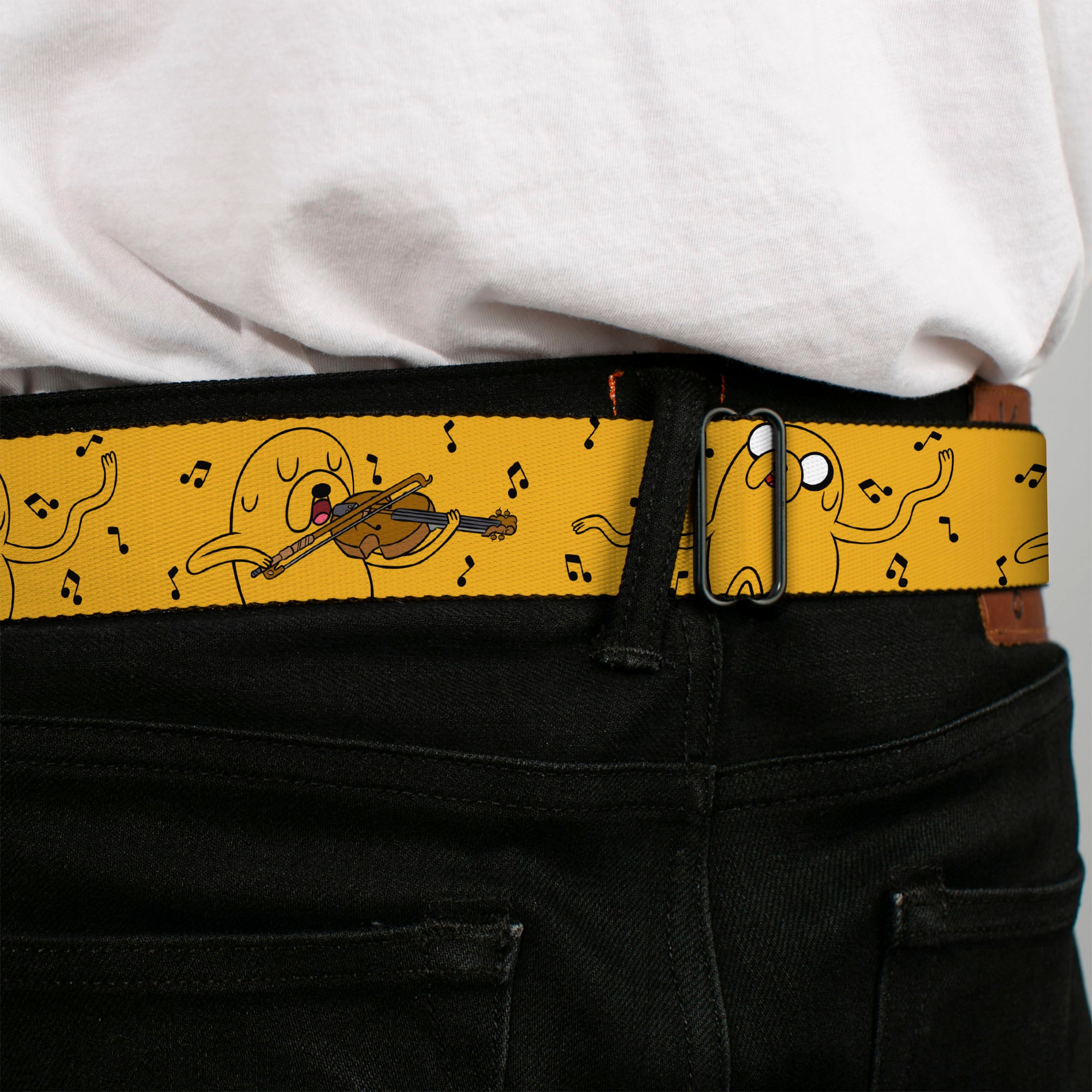 ADVENTURE TIME Title Logo Full Color White Seatbelt Belt - Adventure Time Jake Dancing and Violin Poses Yellow Webbing Seatbelt Belts Cartoon Network