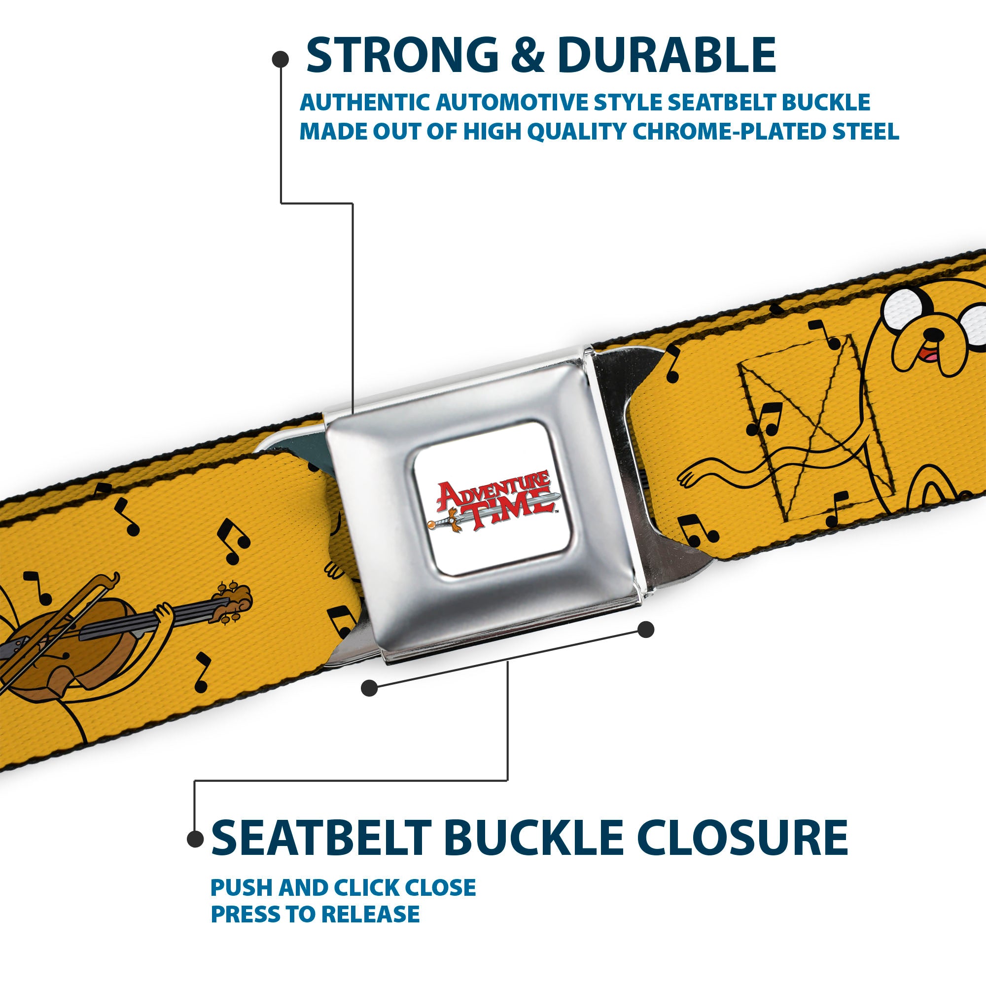 ADVENTURE TIME Title Logo Full Color White Seatbelt Belt - Adventure Time Jake Dancing and Violin Poses Yellow Webbing Seatbelt Belts Cartoon Network