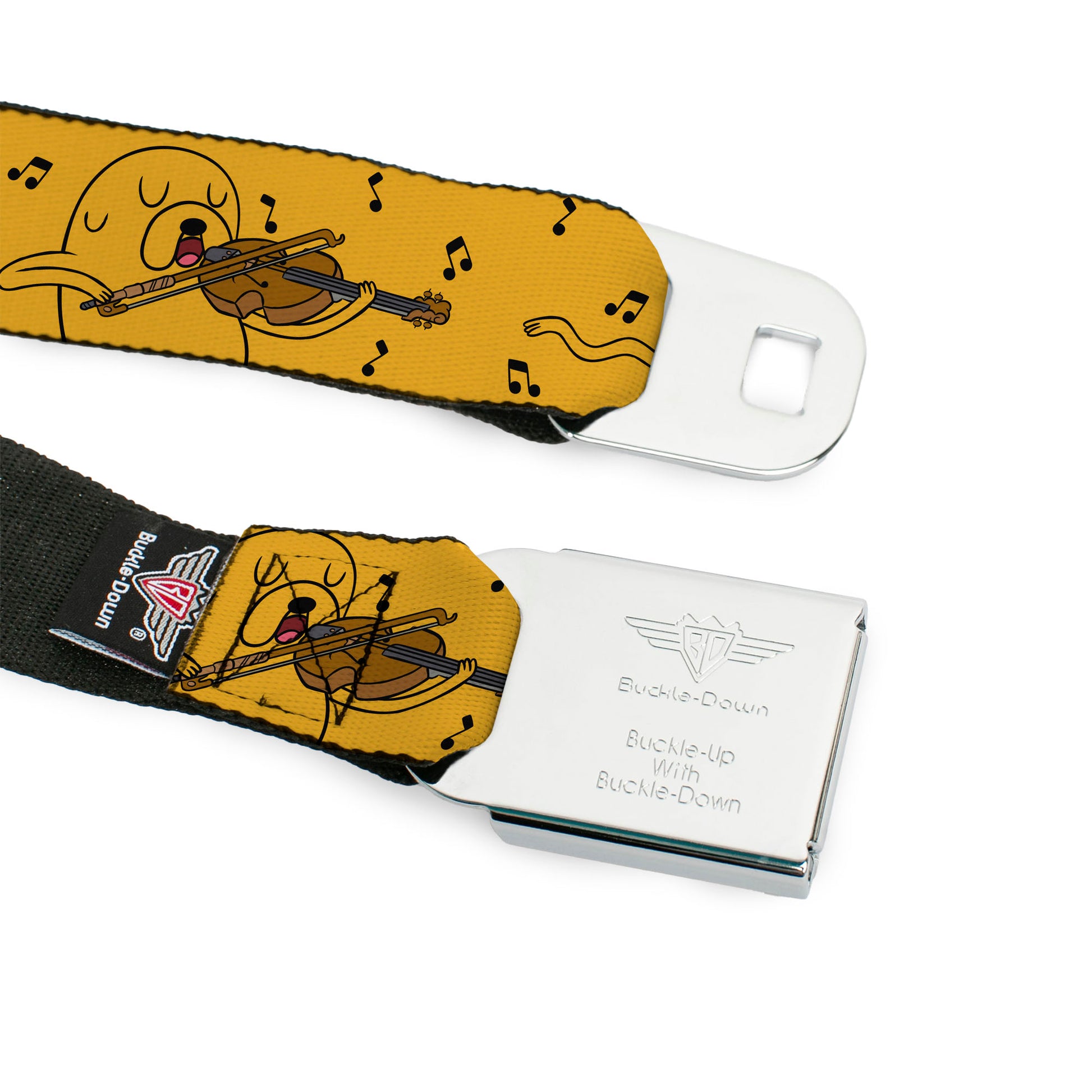 ADVENTURE TIME Title Logo Full Color White Seatbelt Belt - Adventure Time Jake Dancing and Violin Poses Yellow Webbing Seatbelt Belts Cartoon Network