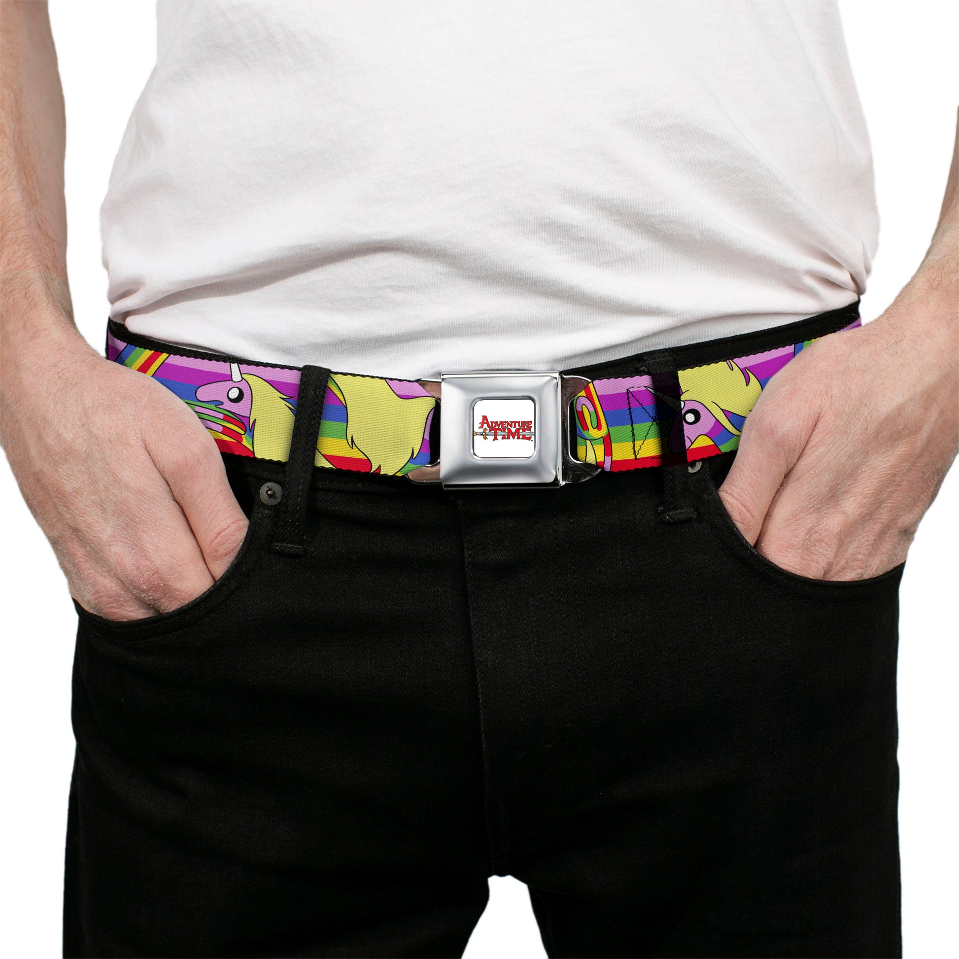ADVENTURE TIME Title Logo Full Color White Seatbelt Belt - Adventure Time Lady Raincorn Poses Stripe Rainbow Webbing Seatbelt Belts Adventure Time