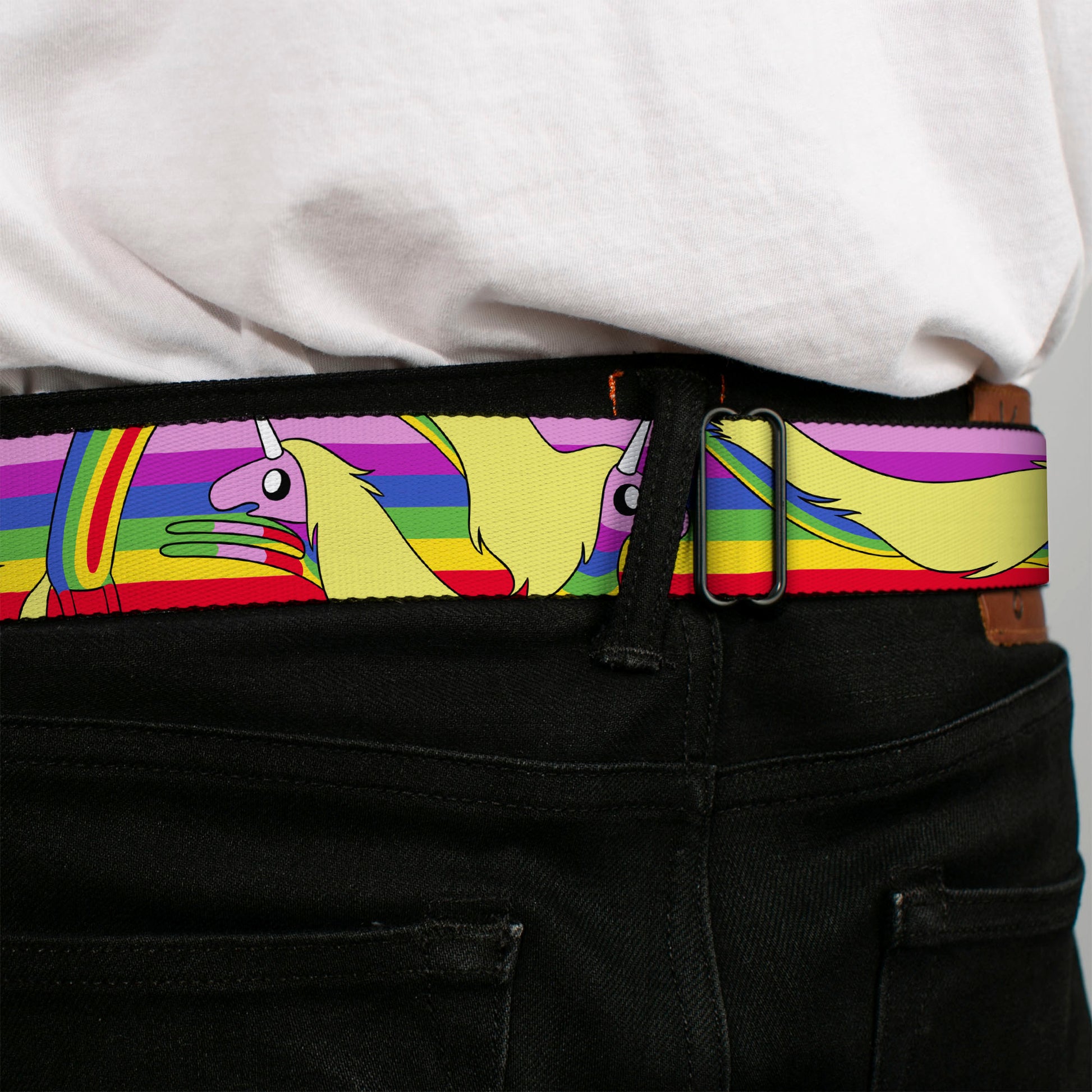 ADVENTURE TIME Title Logo Full Color White Seatbelt Belt - Adventure Time Lady Raincorn Poses Stripe Rainbow Webbing Seatbelt Belts Adventure Time