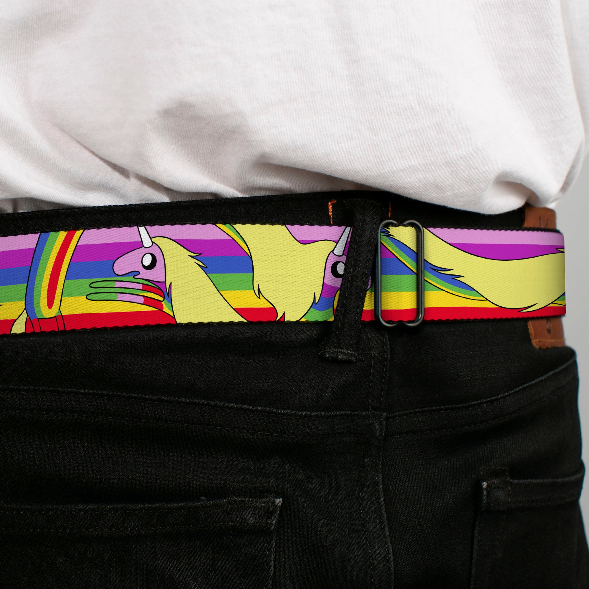 ADVENTURE TIME Title Logo Full Color White Seatbelt Belt - Adventure Time Lady Raincorn Poses Stripe Rainbow Webbing Seatbelt Belts Adventure Time
