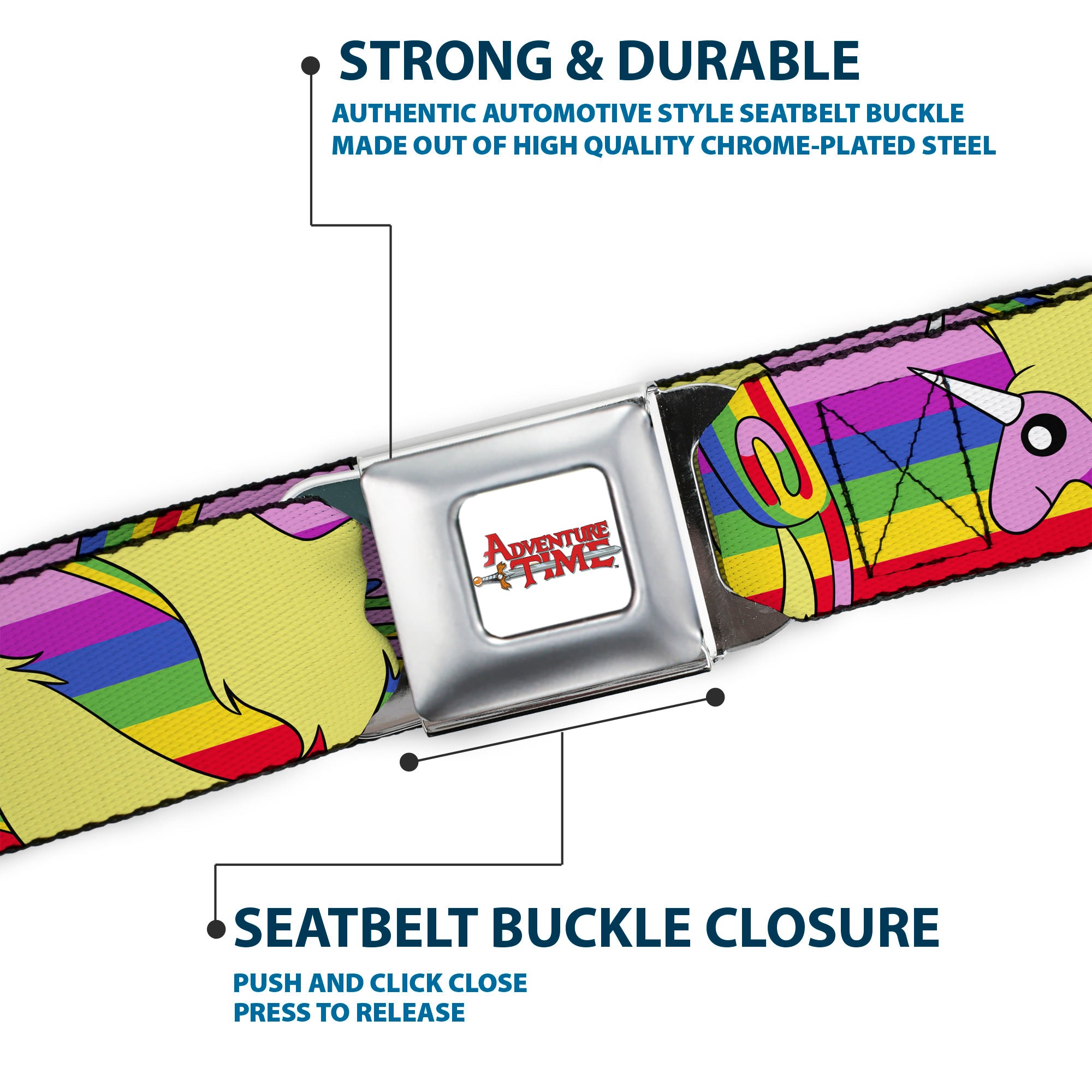 ADVENTURE TIME Title Logo Full Color White Seatbelt Belt - Adventure Time Lady Raincorn Poses Stripe Rainbow Webbing Seatbelt Belts Adventure Time