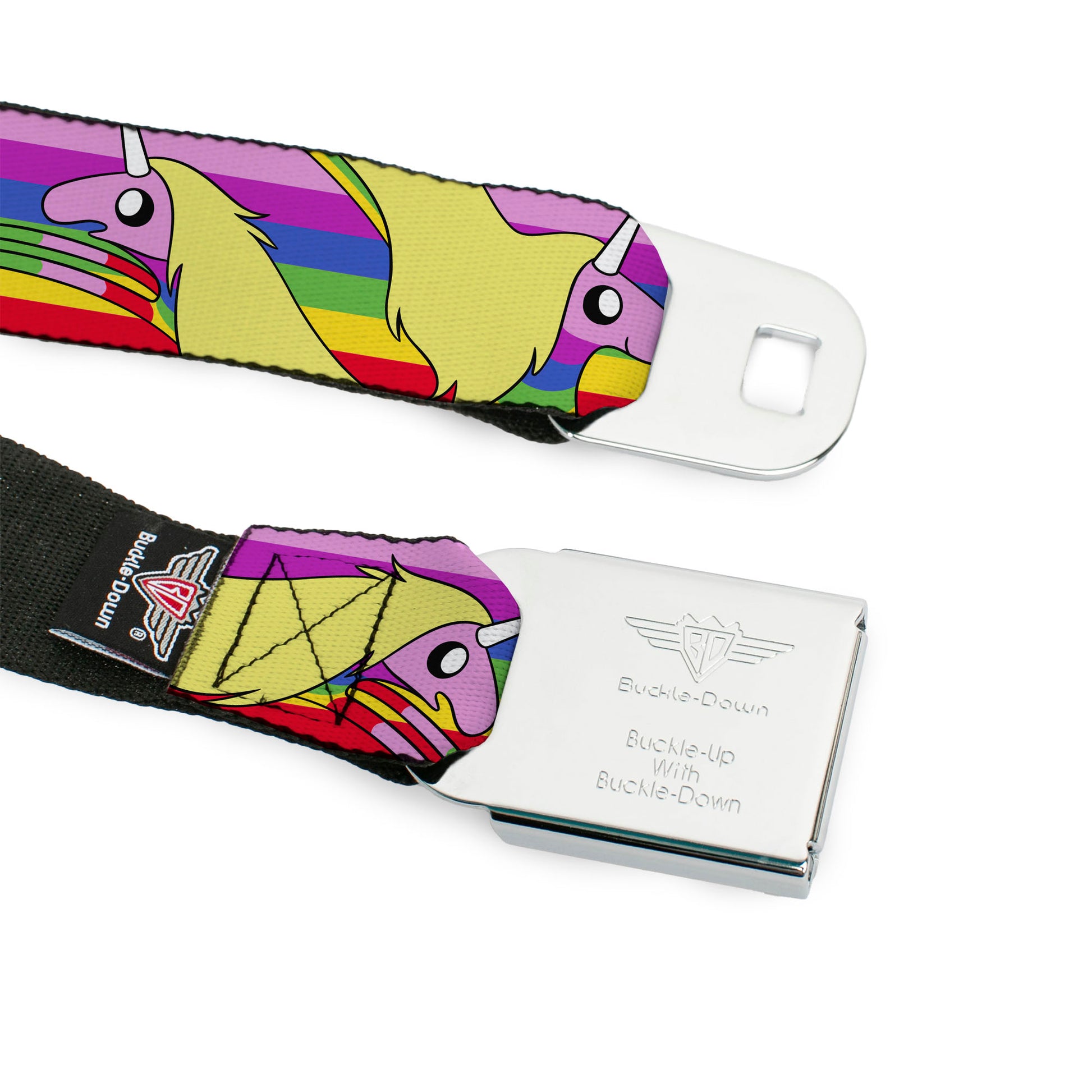 ADVENTURE TIME Title Logo Full Color White Seatbelt Belt - Adventure Time Lady Raincorn Poses Stripe Rainbow Webbing Seatbelt Belts Adventure Time