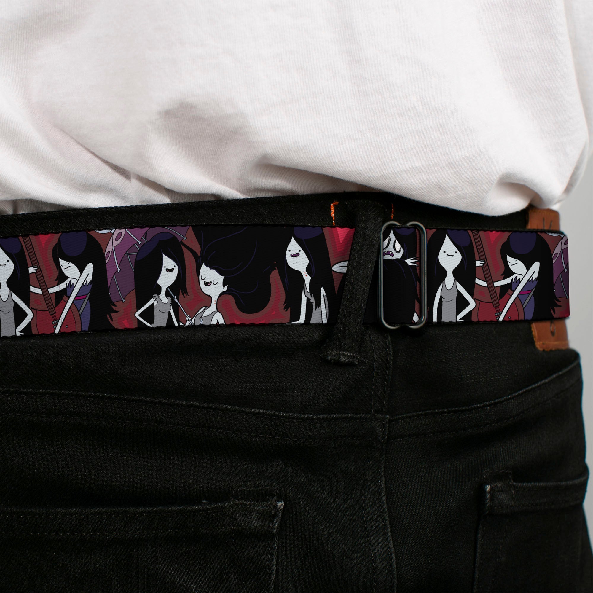 ADVENTURE TIME Title Logo Full Color White Seatbelt Belt - Adventure Time Marceline Poses Collage Reds Webbing Seatbelt Belts Adventure Time