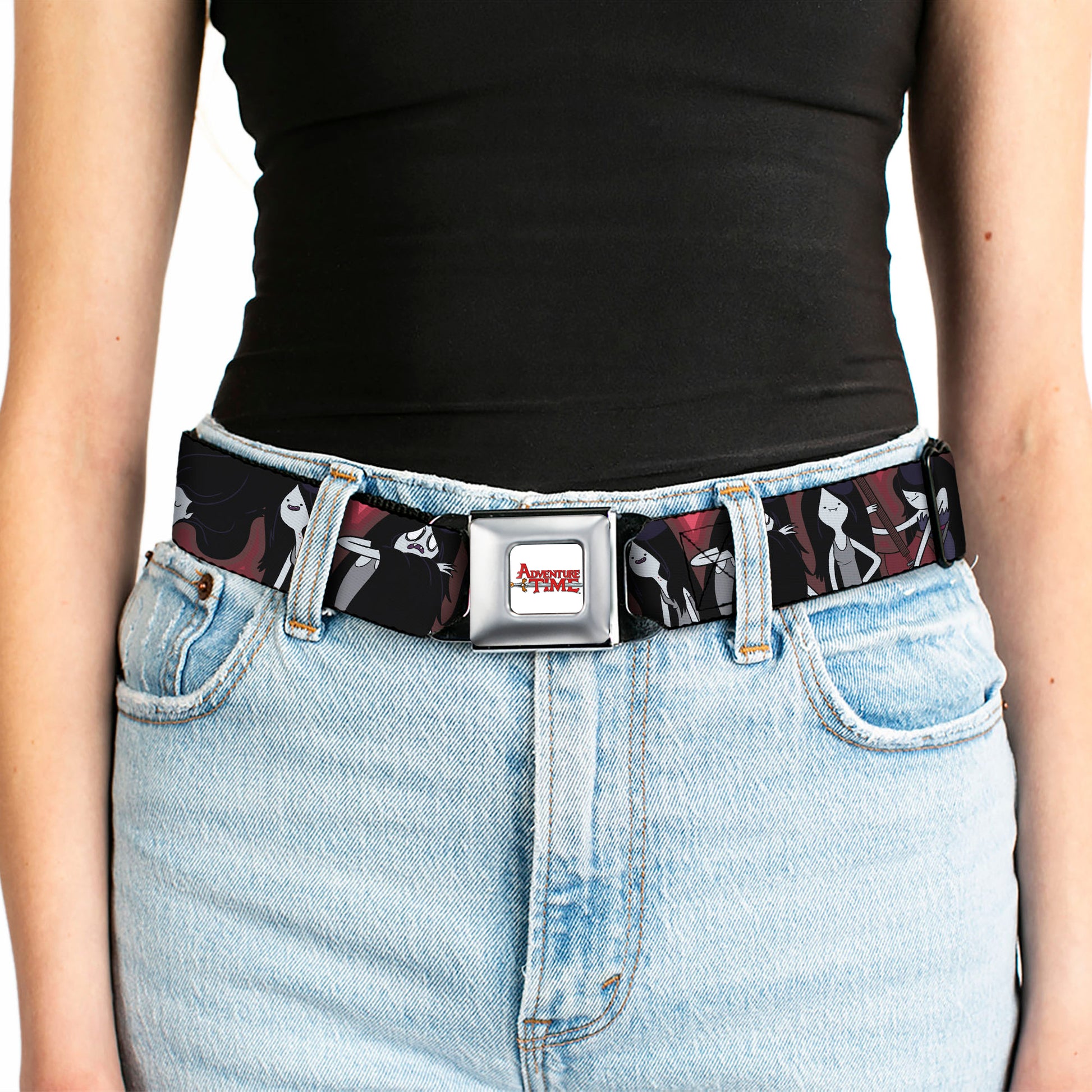 ADVENTURE TIME Title Logo Full Color White Seatbelt Belt - Adventure Time Marceline Poses Collage Reds Webbing Seatbelt Belts Adventure Time