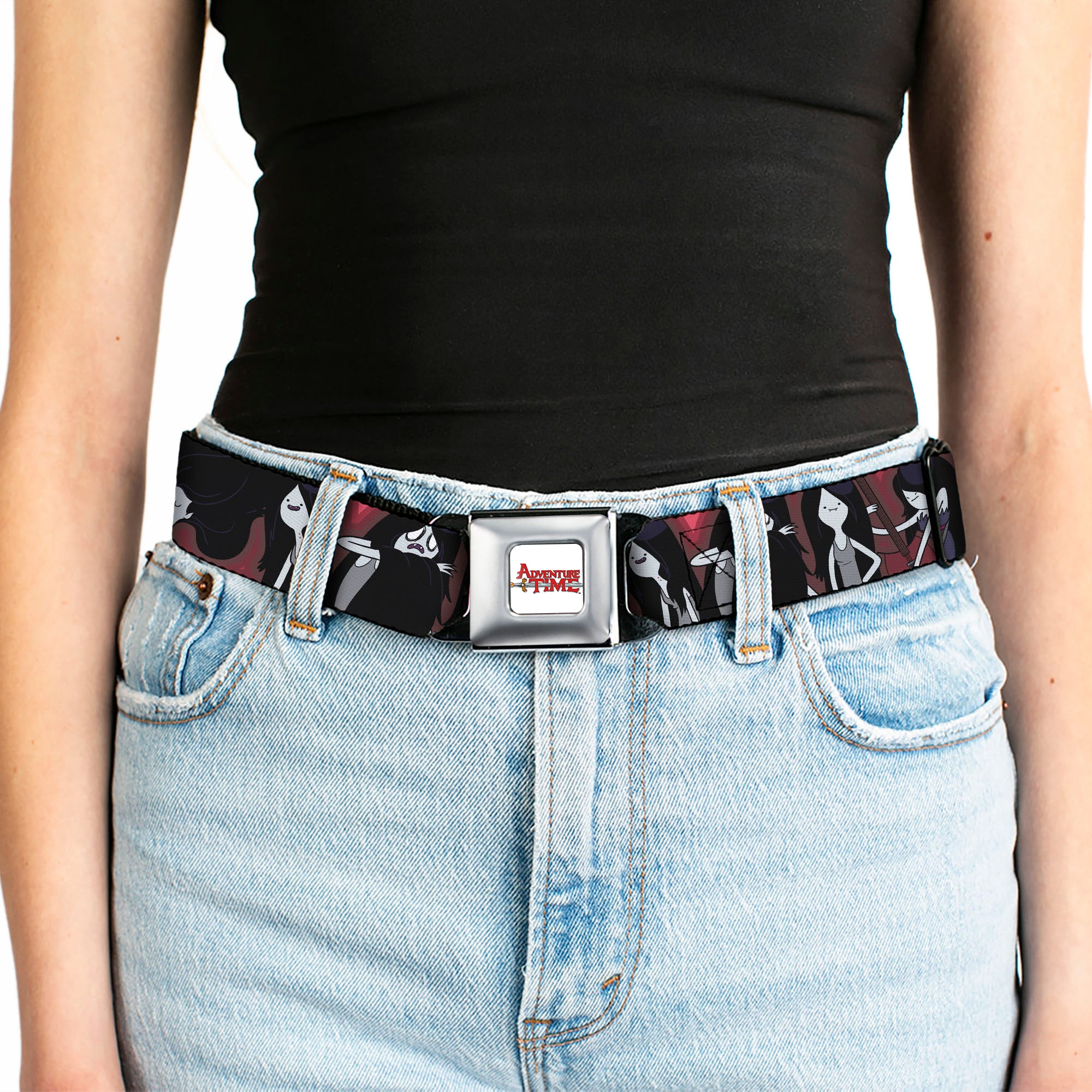 ADVENTURE TIME Title Logo Full Color White Seatbelt Belt - Adventure Time Marceline Poses Collage Reds Webbing Seatbelt Belts Adventure Time