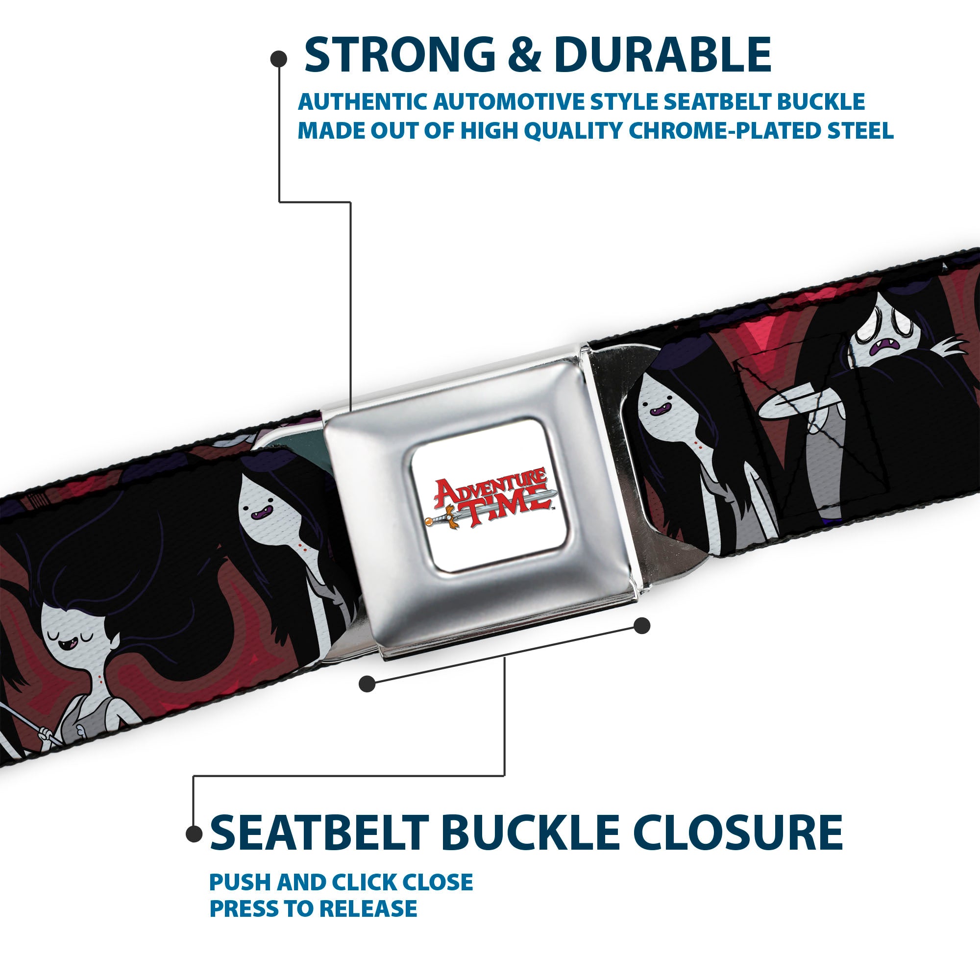 ADVENTURE TIME Title Logo Full Color White Seatbelt Belt - Adventure Time Marceline Poses Collage Reds Webbing Seatbelt Belts Adventure Time