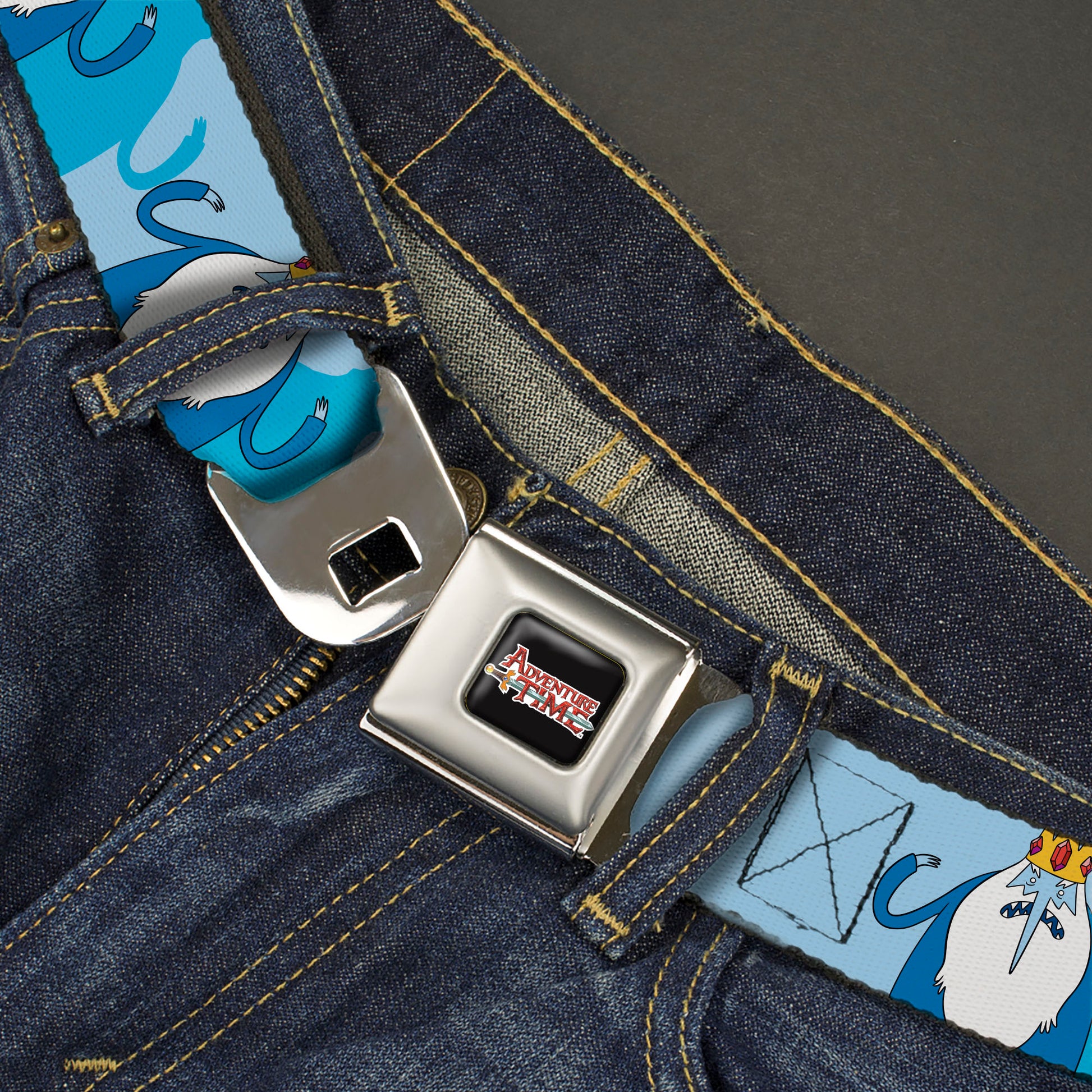 ADVENTURE TIME Sword Title Logo Full Color Black Seatbelt Belt - Adventure Time Ice King Hands Up Pose Blues Webbing Seatbelt Belts Cartoon Network