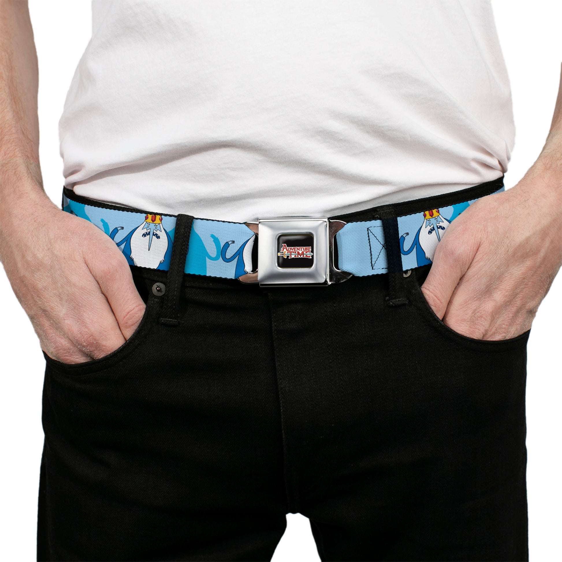 ADVENTURE TIME Sword Title Logo Full Color Black Seatbelt Belt - Adventure Time Ice King Hands Up Pose Blues Webbing Seatbelt Belts Cartoon Network