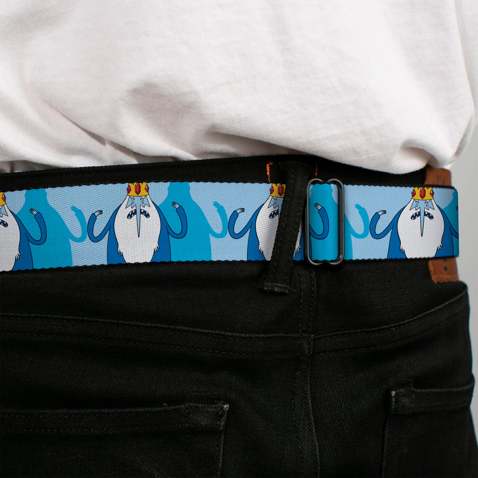 ADVENTURE TIME Sword Title Logo Full Color Black Seatbelt Belt - Adventure Time Ice King Hands Up Pose Blues Webbing Seatbelt Belts Cartoon Network