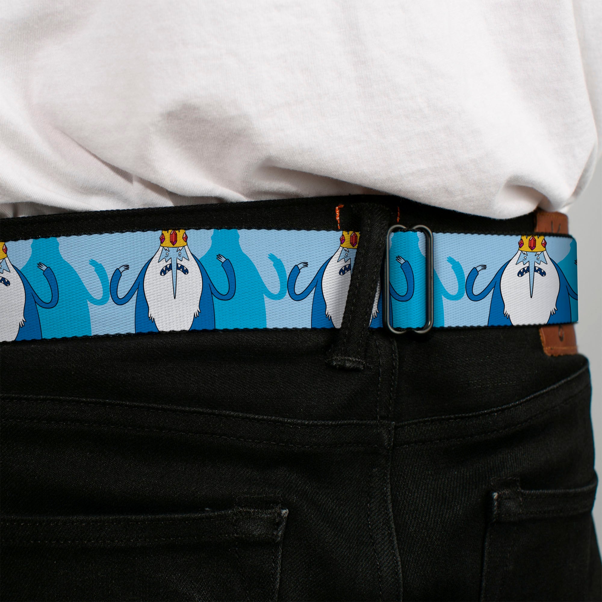 ADVENTURE TIME Sword Title Logo Full Color Black Seatbelt Belt - Adventure Time Ice King Hands Up Pose Blues Webbing Seatbelt Belts Cartoon Network