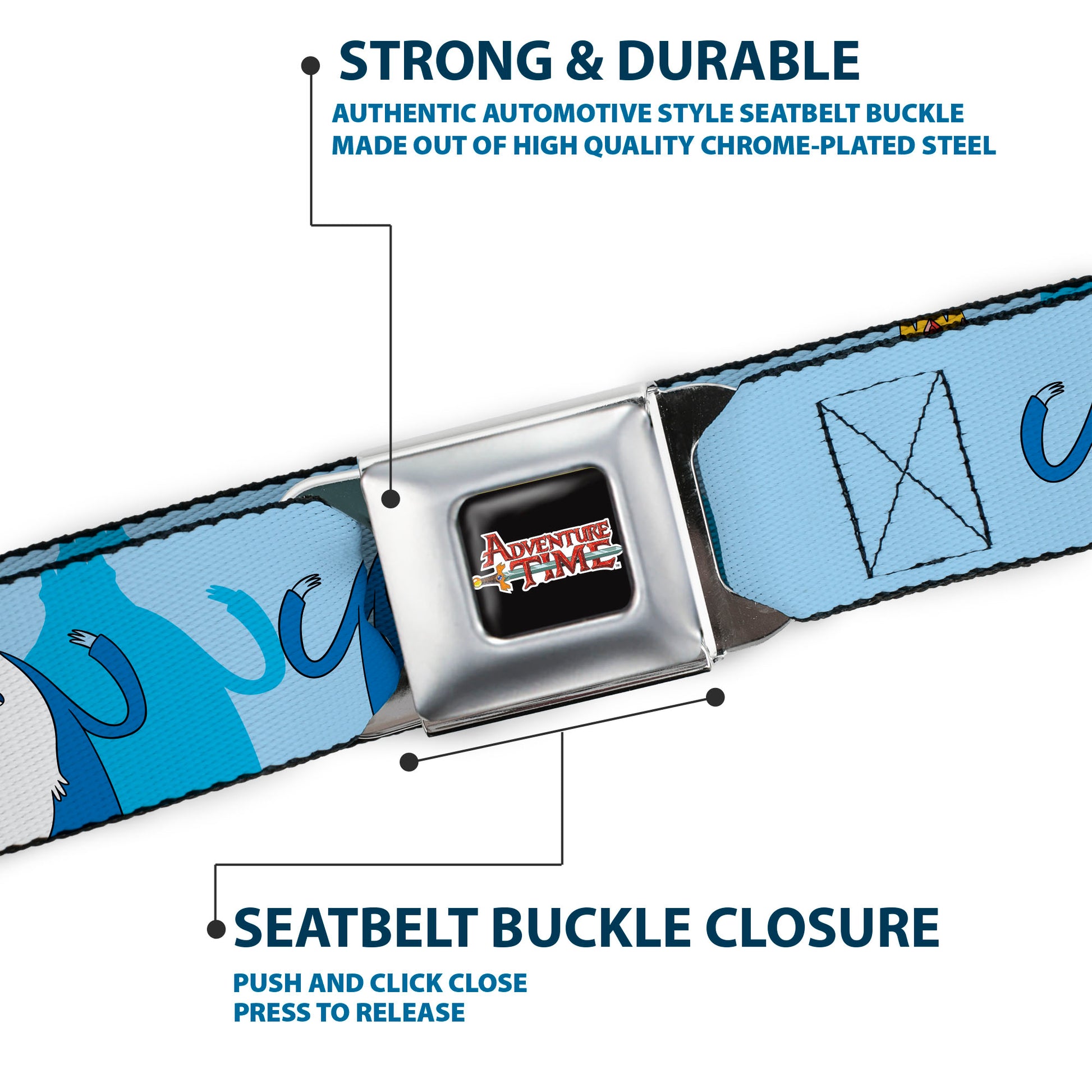 ADVENTURE TIME Sword Title Logo Full Color Black Seatbelt Belt - Adventure Time Ice King Hands Up Pose Blues Webbing Seatbelt Belts Cartoon Network