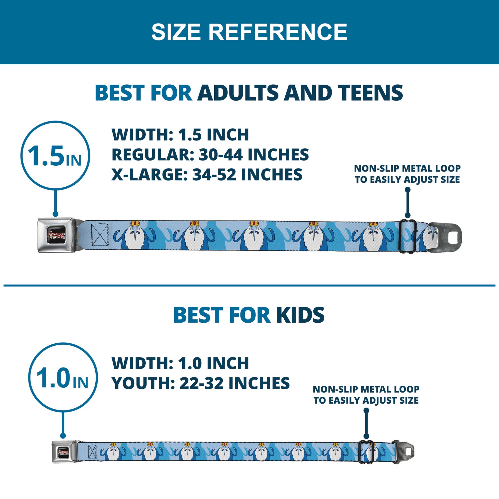 ADVENTURE TIME Sword Title Logo Full Color Black Seatbelt Belt - Adventure Time Ice King Hands Up Pose Blues Webbing Seatbelt Belts Cartoon Network