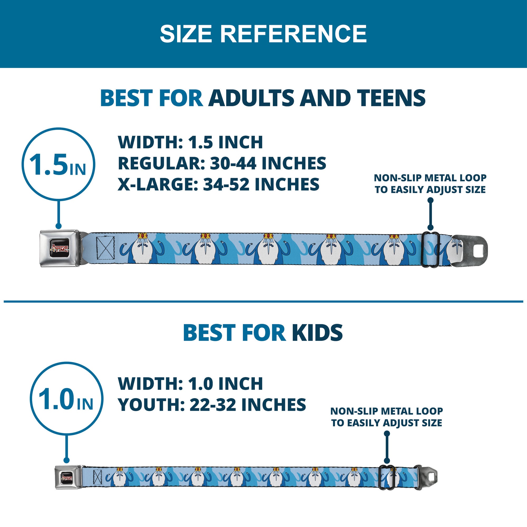 ADVENTURE TIME Sword Title Logo Full Color Black Seatbelt Belt - Adventure Time Ice King Hands Up Pose Blues Webbing Seatbelt Belts Cartoon Network