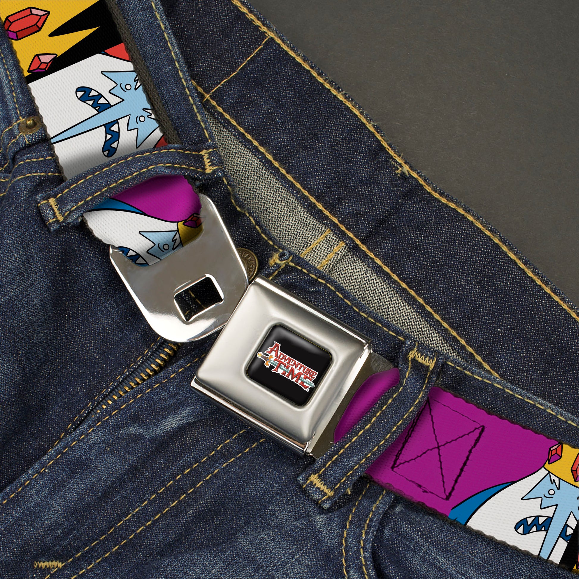 ADVENTURE TIME Sword Title Logo Full Color Black Seatbelt Belt - Adventure Time Ice King Pose and Crown Blocks Burgundy Webbing Seatbelt Belts Cartoon Network